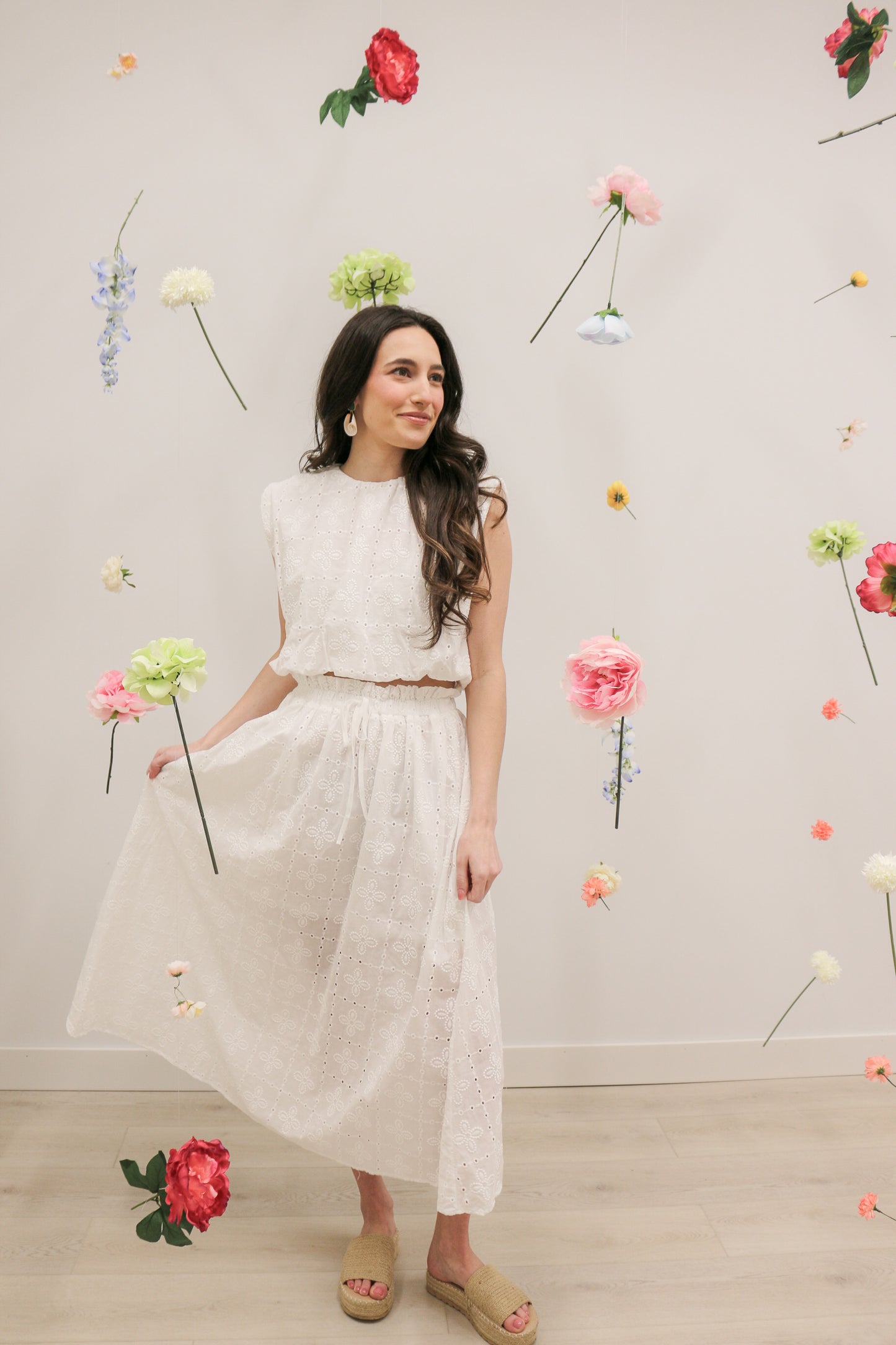 Eyelet Sleeveless Balloon Hem Blouse and Ruffled Midi Skirt Set - White