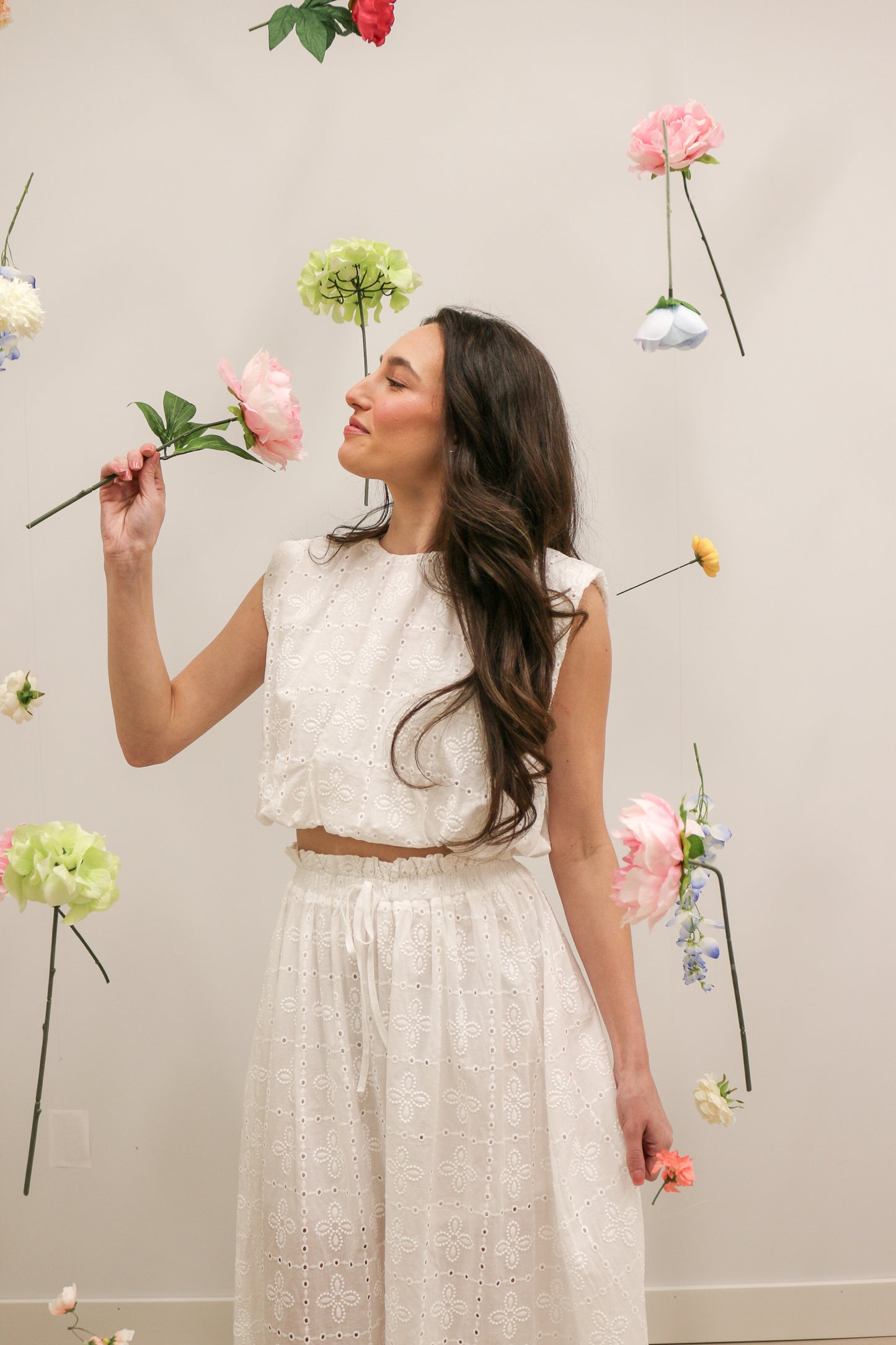 Eyelet Sleeveless Balloon Hem Blouse and Ruffled Midi Skirt Set - White