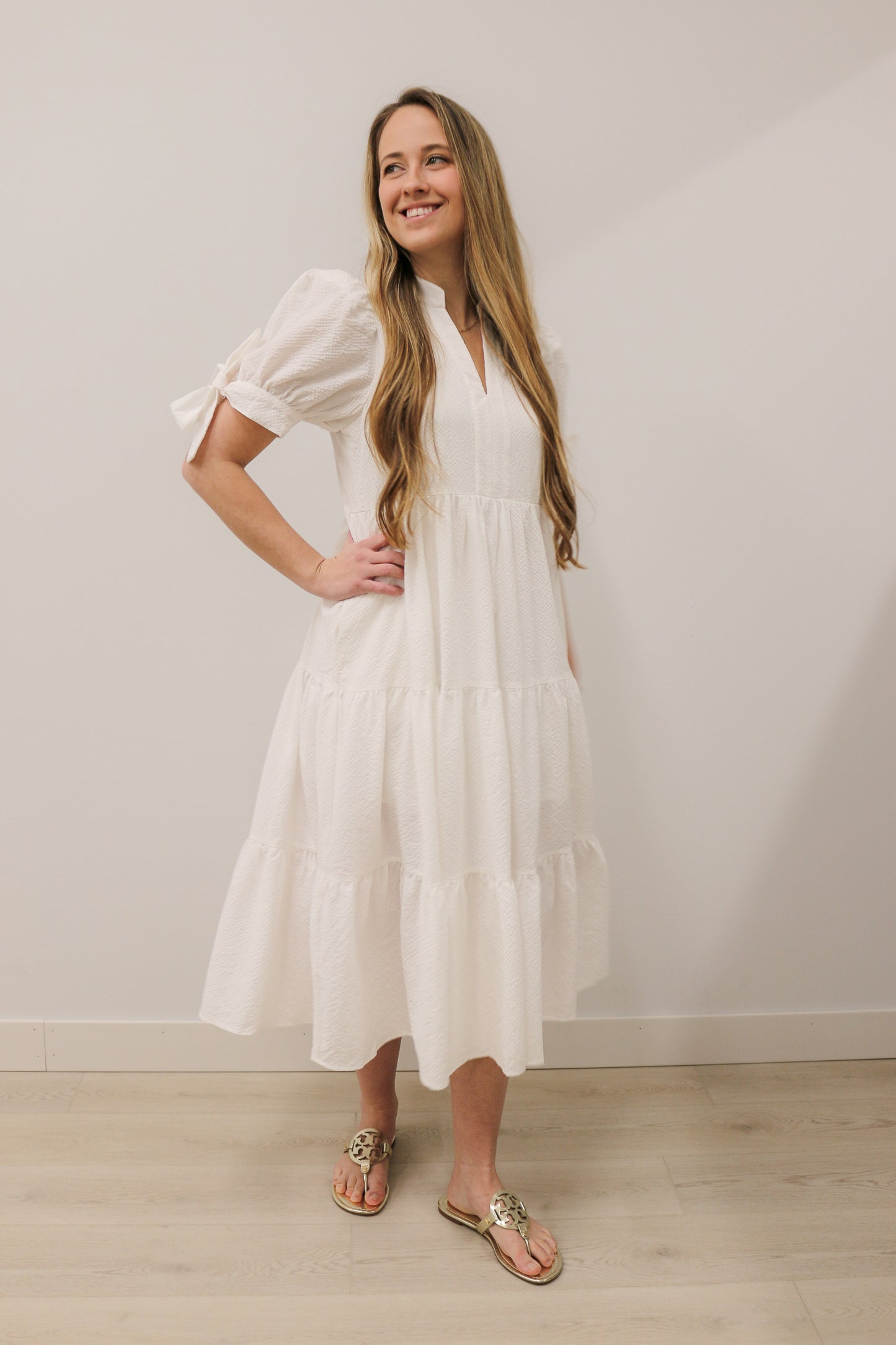 Tessa Tiered Textured Bow Tie Short Sleeves Midi Dress - Off White
