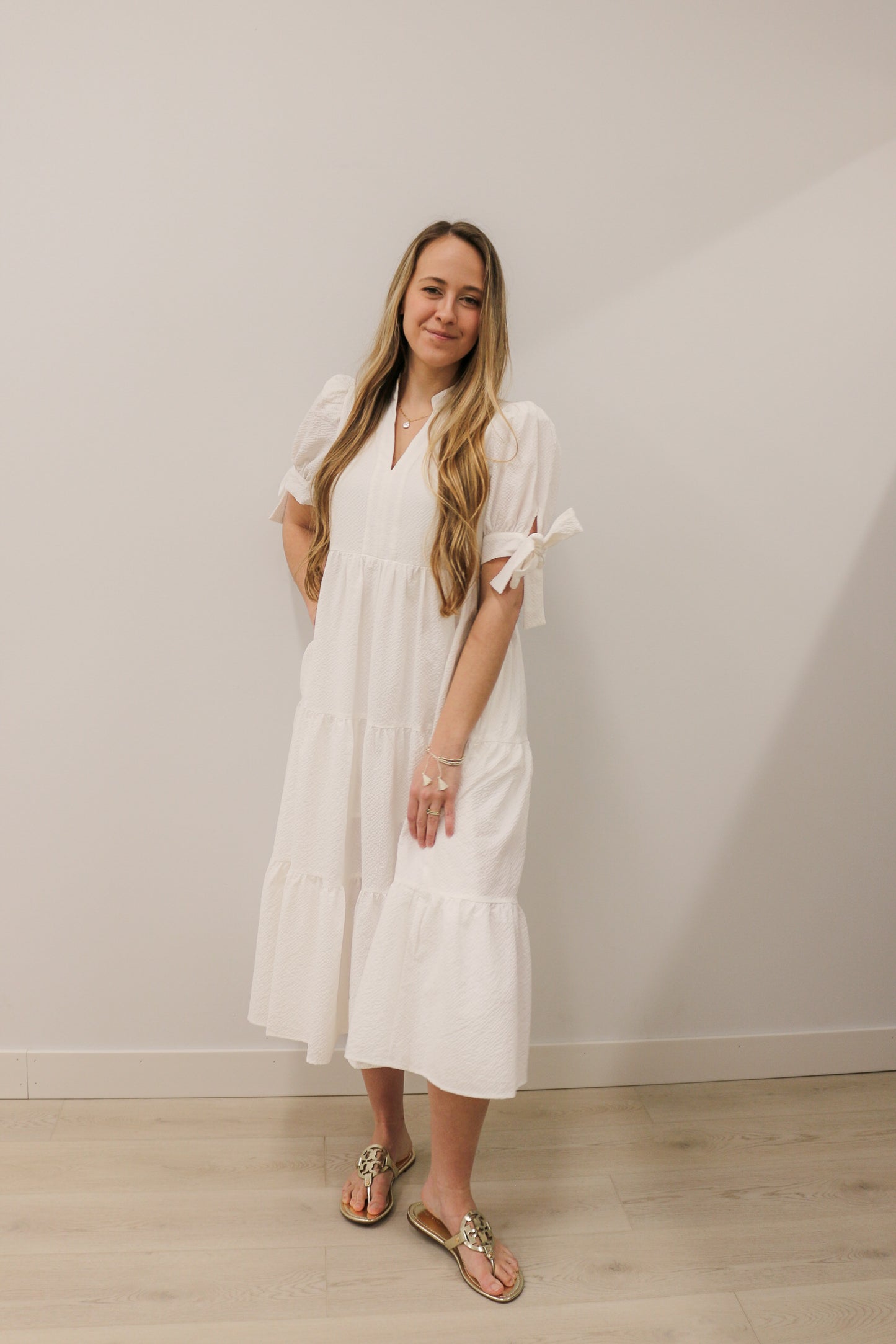 Tessa Tiered Textured Bow Tie Short Sleeves Midi Dress - Off White
