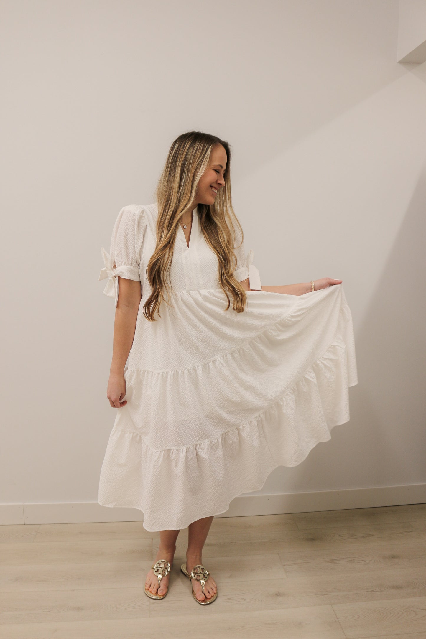 Tessa Tiered Textured Bow Tie Short Sleeves Midi Dress - Off White