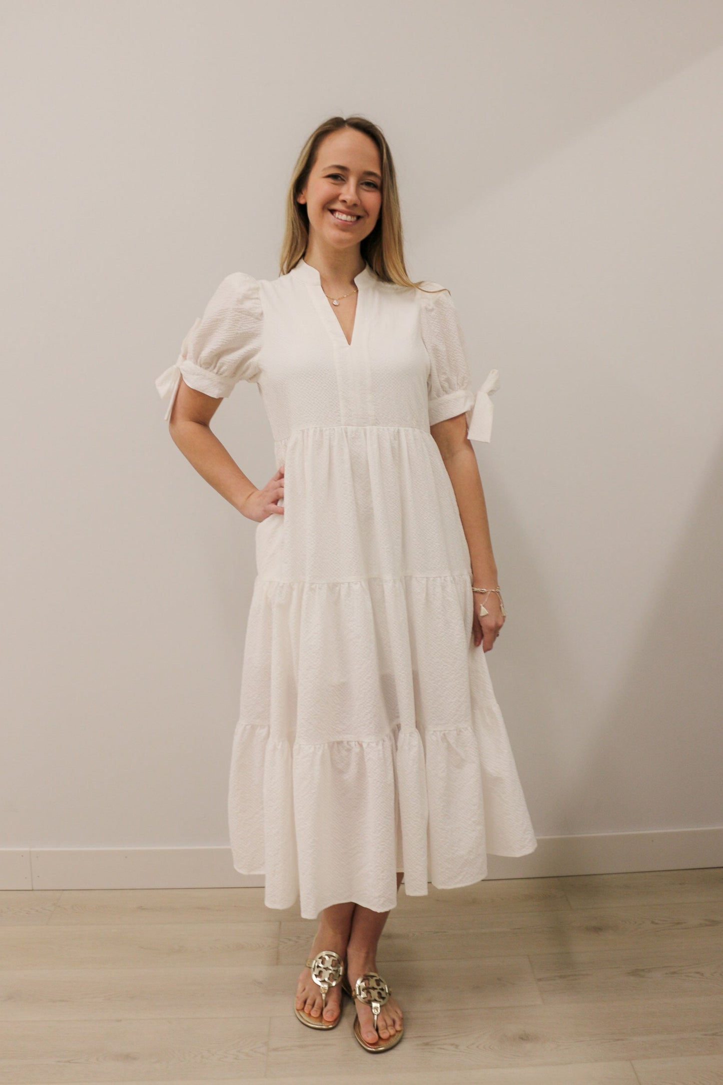 Tessa Tiered Textured Bow Tie Short Sleeves Midi Dress - Off White