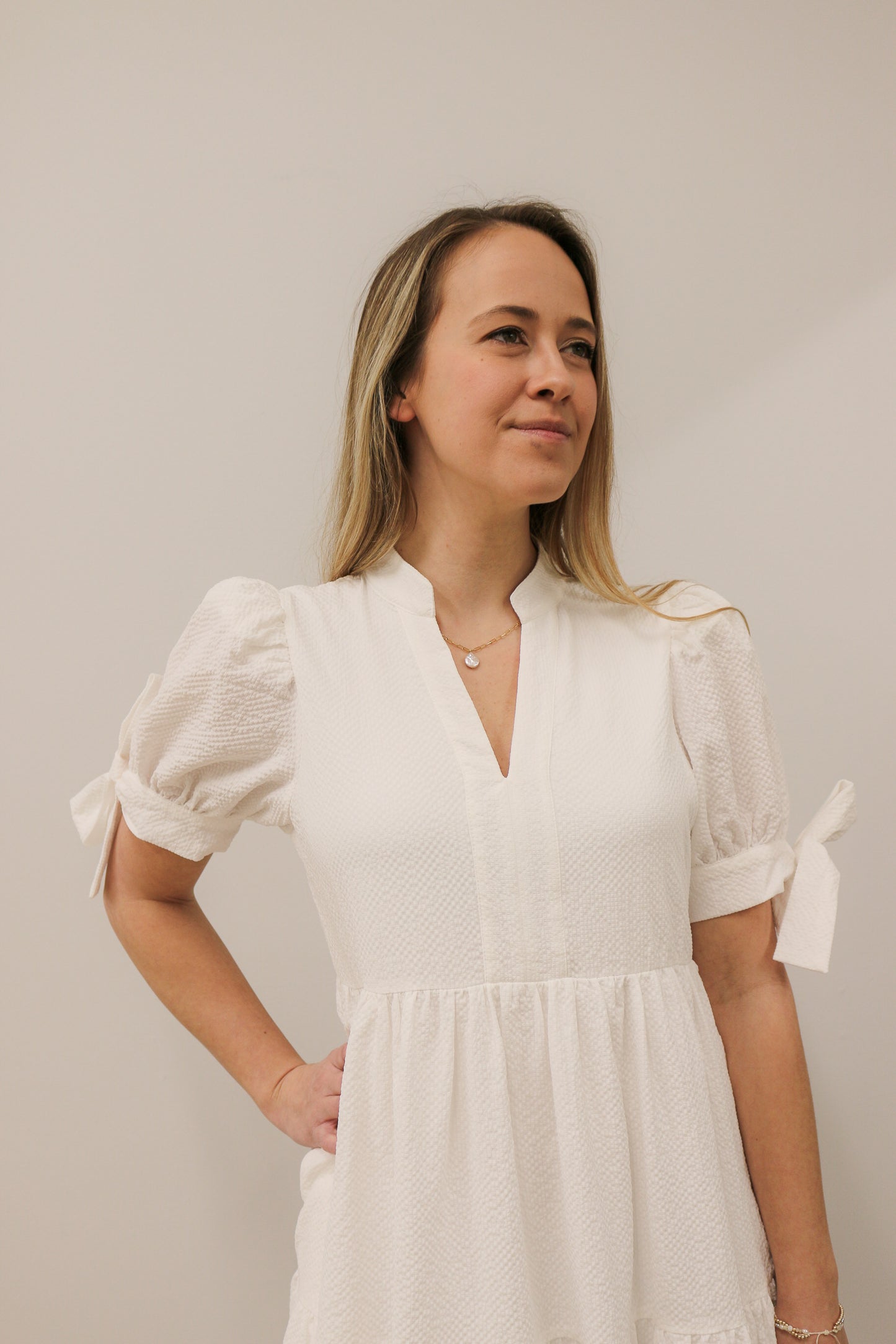 Tessa Tiered Textured Bow Tie Short Sleeves Midi Dress - Off White