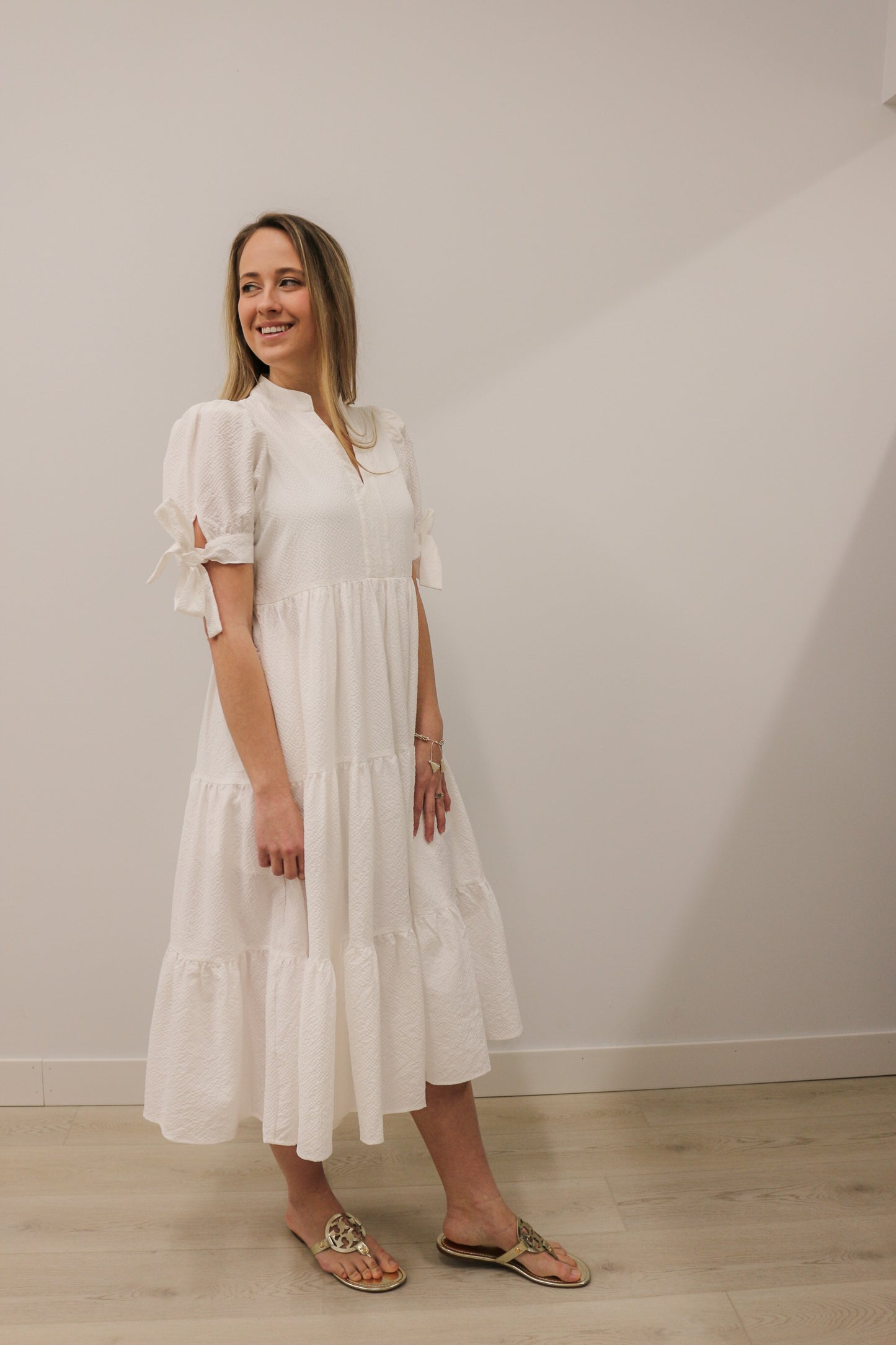 Tessa Tiered Textured Bow Tie Short Sleeves Midi Dress - Off White