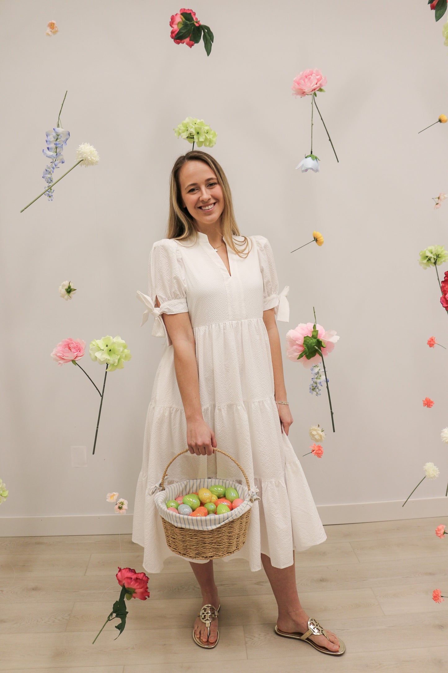 Tessa Tiered Textured Bow Tie Short Sleeves Midi Dress - Off White