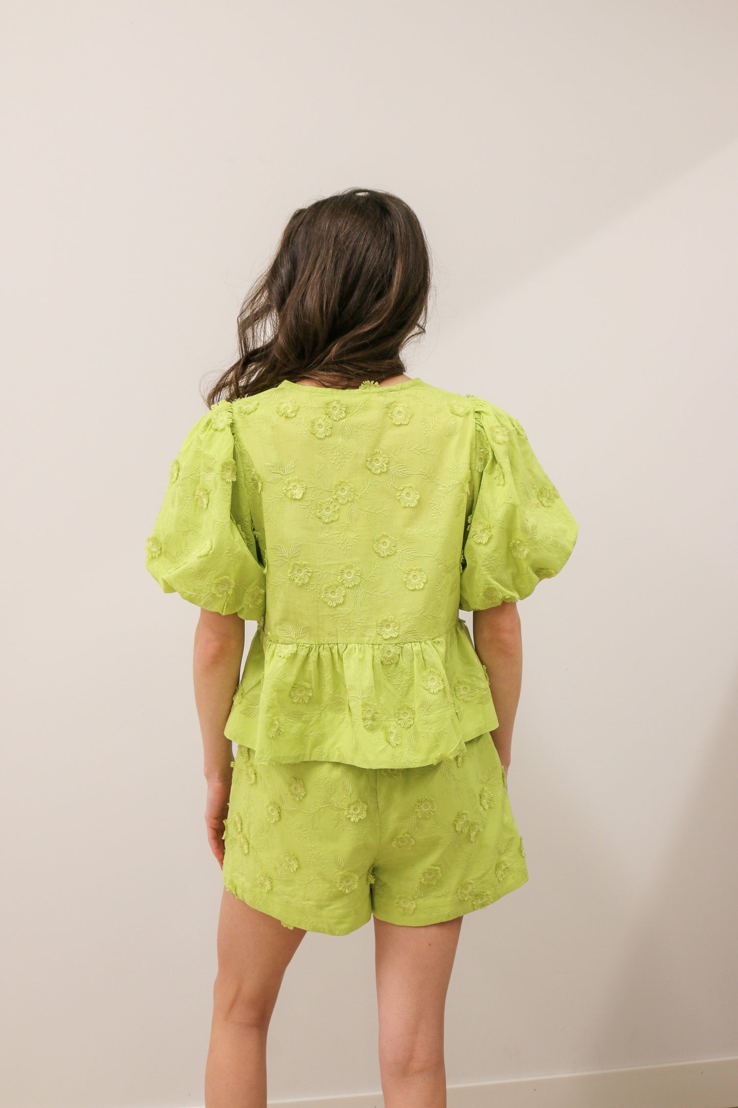 Embroidered Floral Appliqué Front Tie Closure Bubble Short Sleeve Blouse - Apple Green