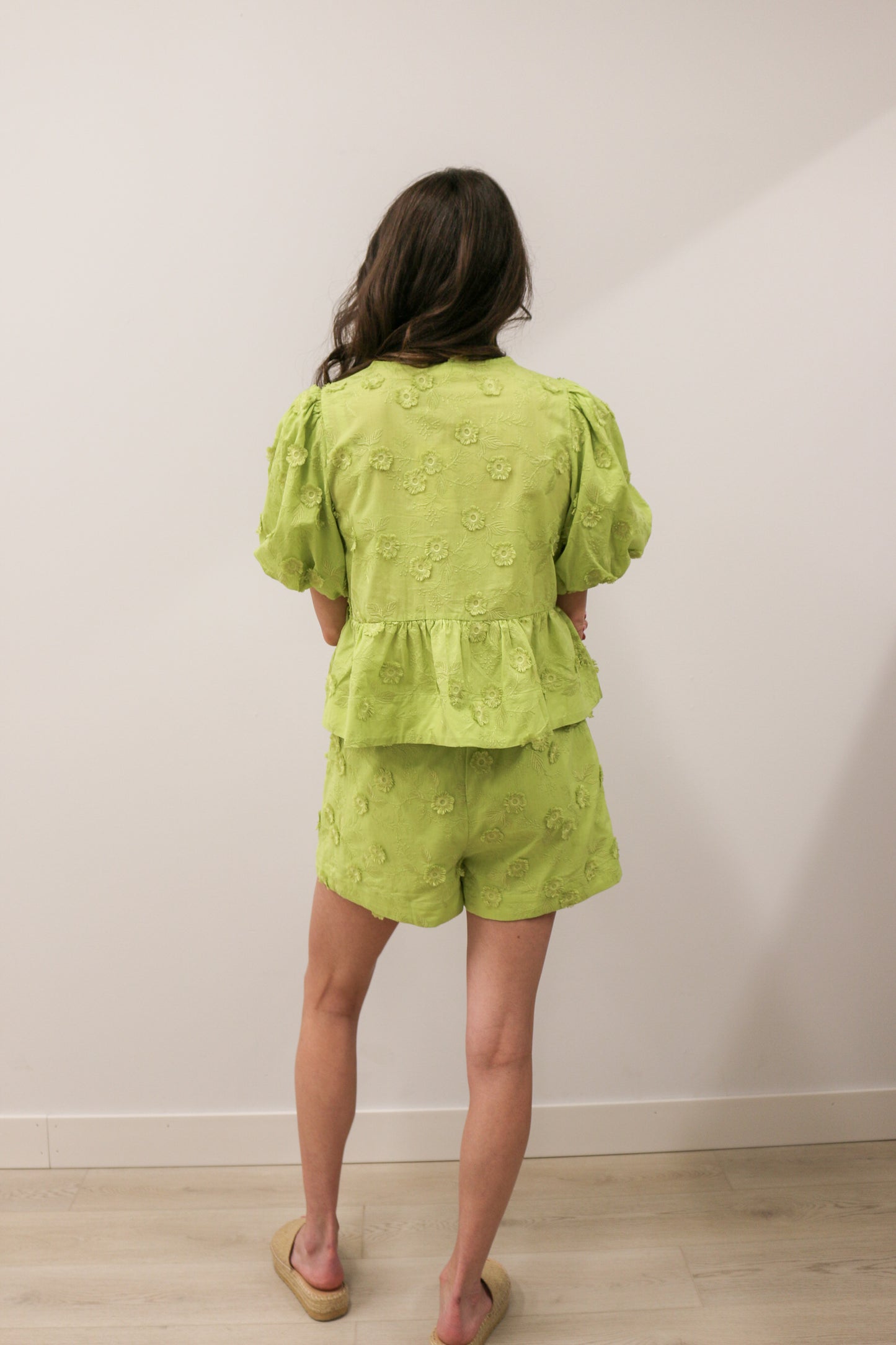 Embroidered Floral Appliqué Front Tie Closure Bubble Short Sleeve Blouse - Apple Green