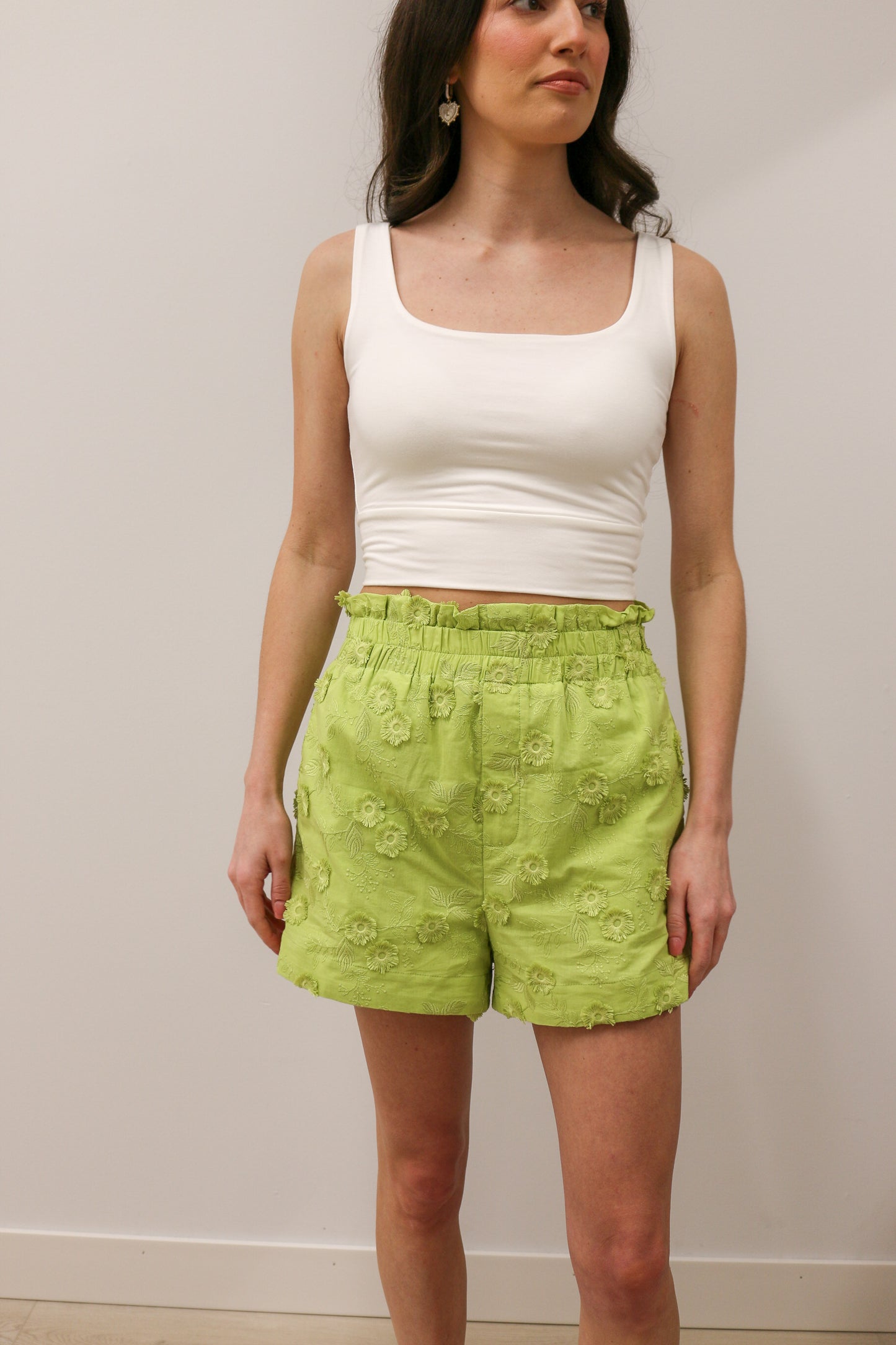Embroidered Floral Appliqué High Waisted Elastic Waist Shorts - Apple Green