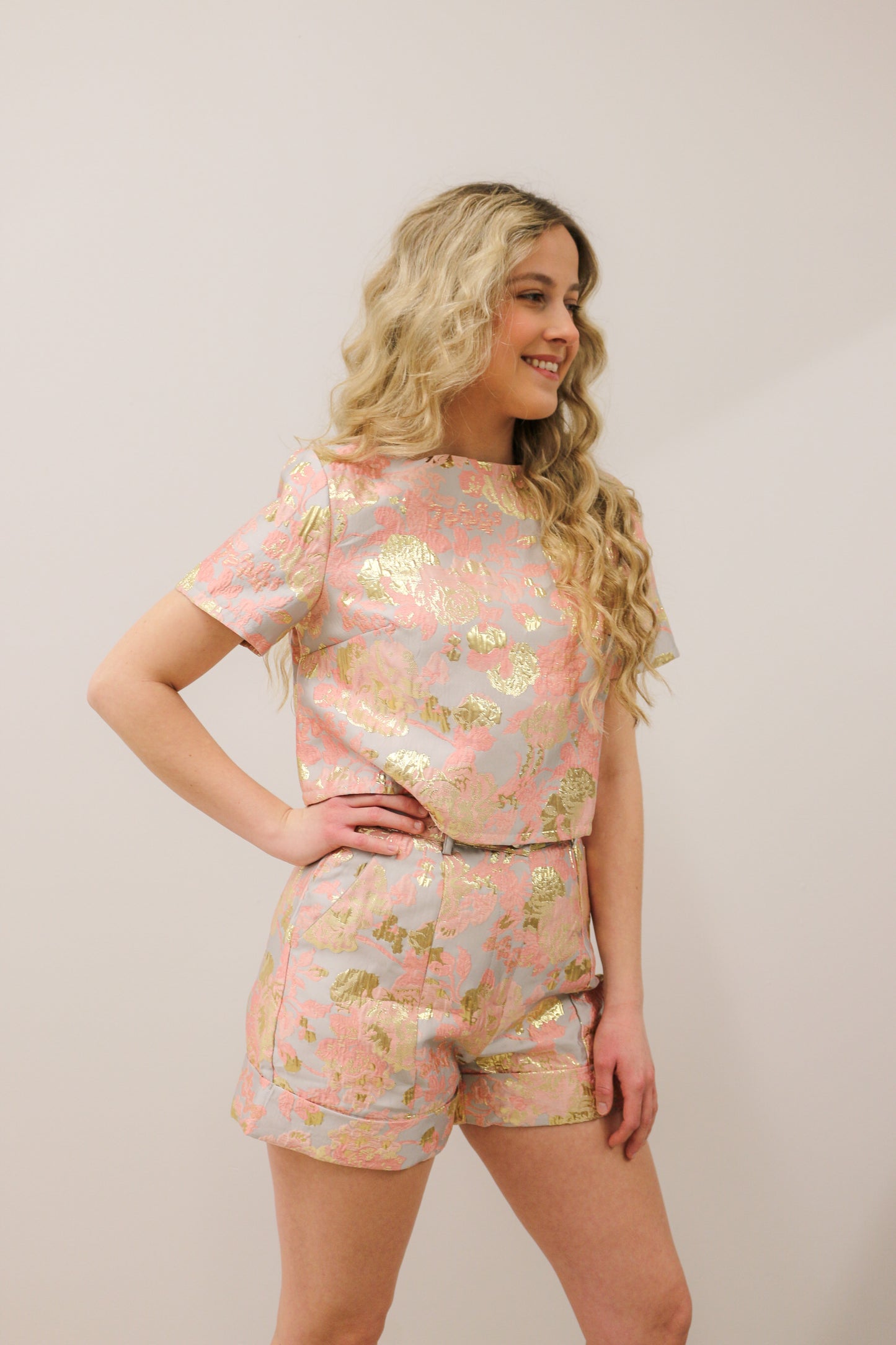Gold Foil Brocade Short Sleeve Crop Top and High Waisted Short Set - Pink Pastel Multi