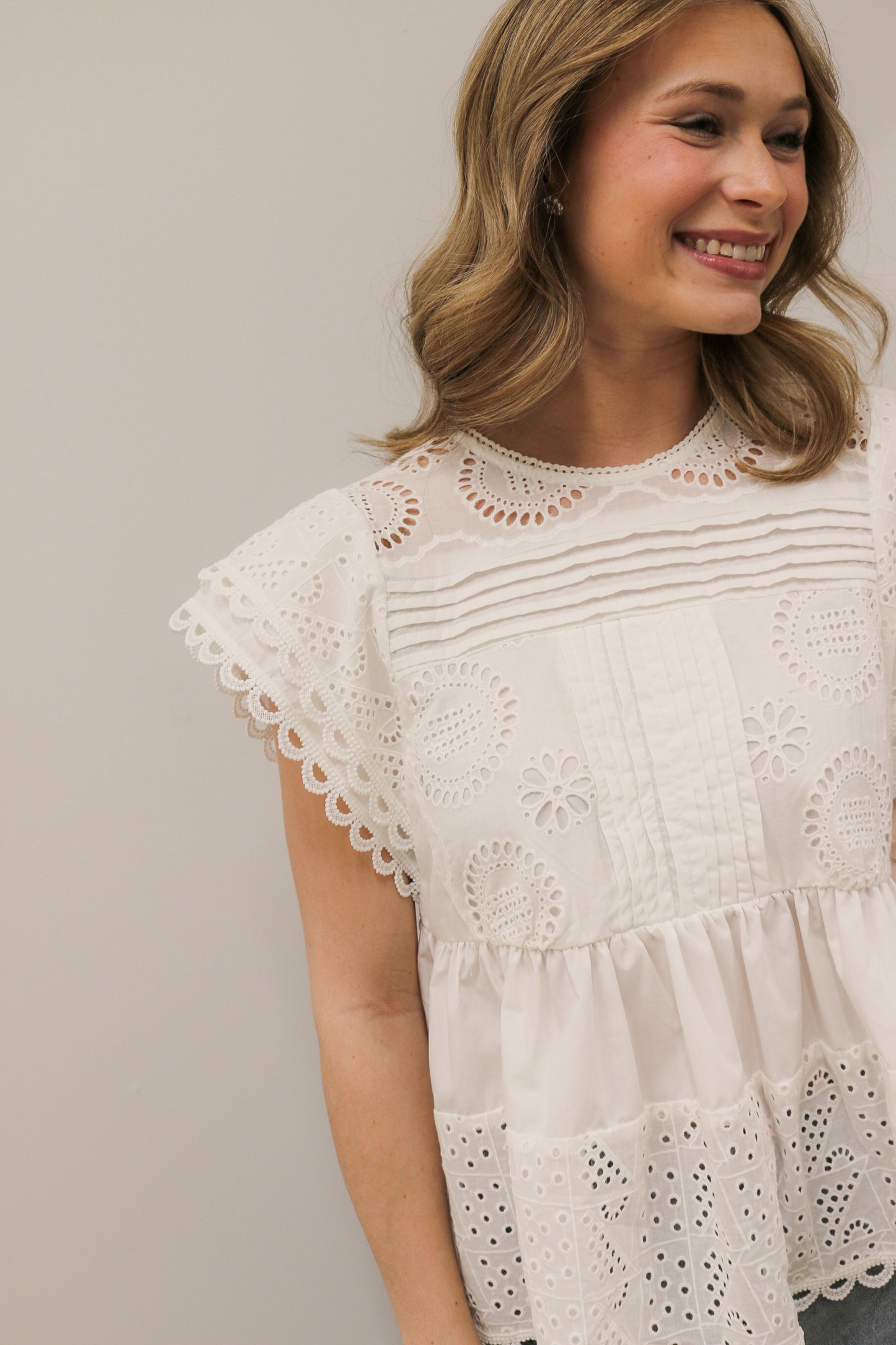 Eyelet Cap Sleeve Pleated Babydoll Pullover Woven Blouse - White