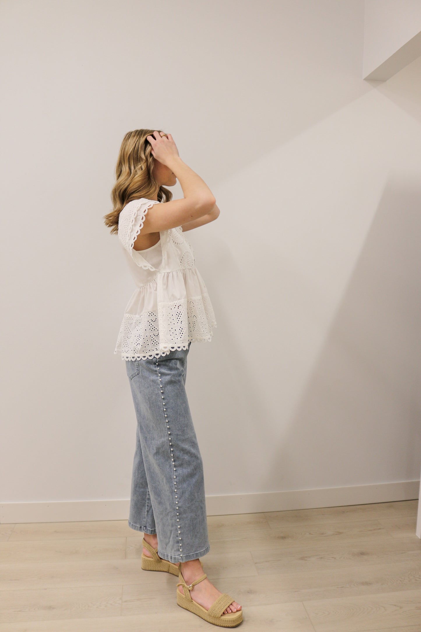 Eyelet Cap Sleeve Pleated Babydoll Pullover Woven Blouse - White