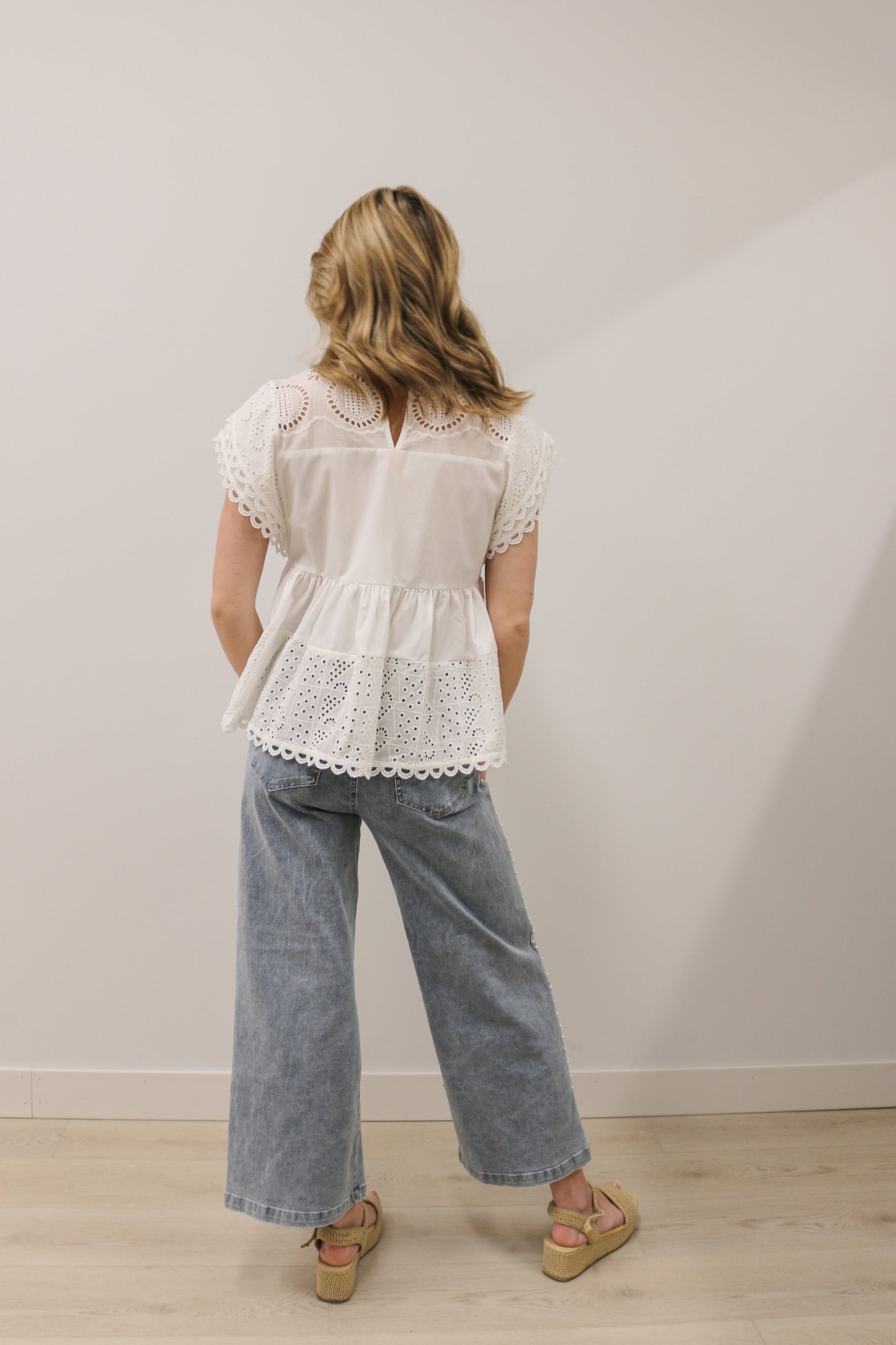 Eyelet Cap Sleeve Pleated Babydoll Pullover Woven Blouse - White