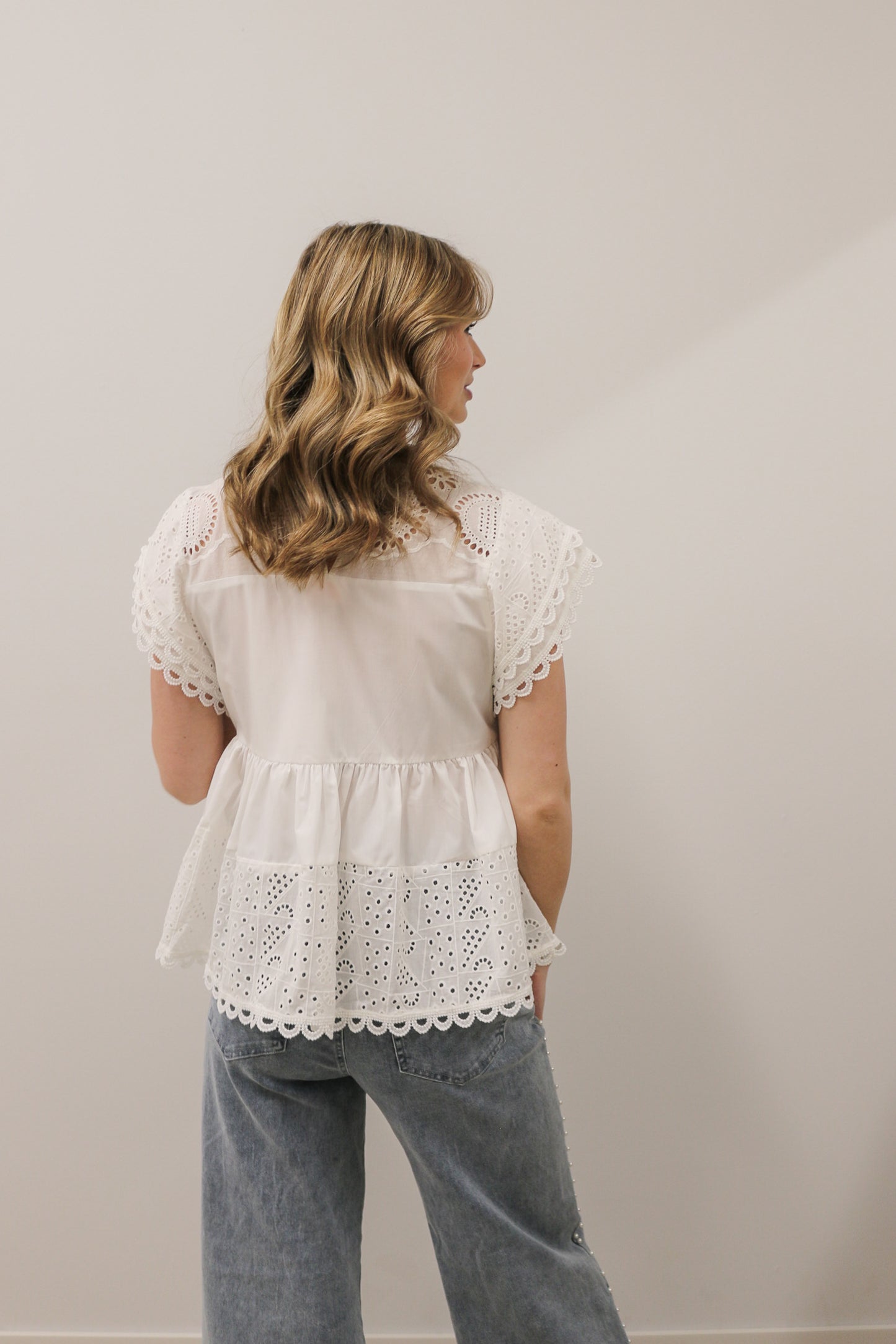 Eyelet Cap Sleeve Pleated Babydoll Pullover Woven Blouse - White