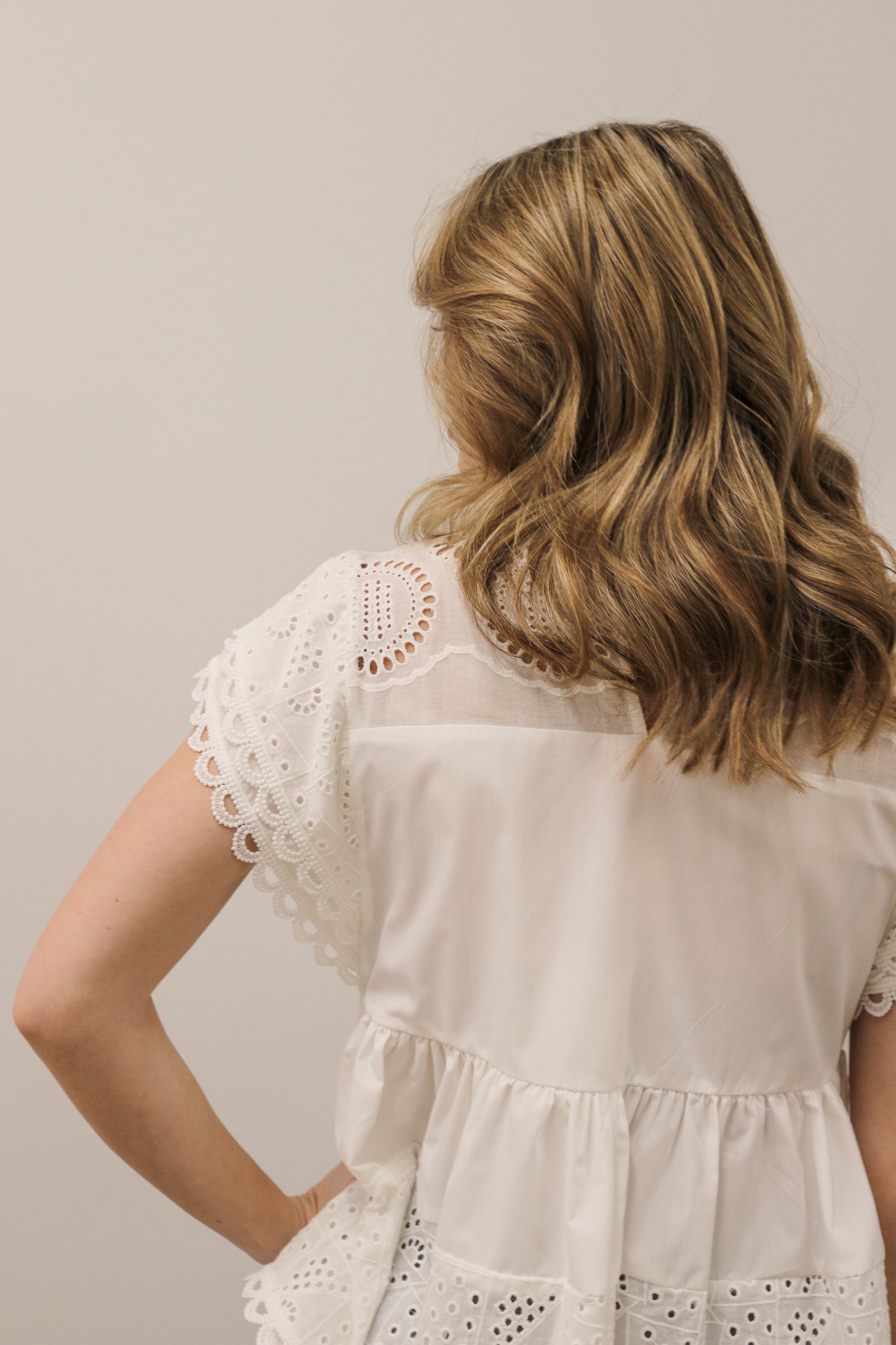 Eyelet Cap Sleeve Pleated Babydoll Pullover Woven Blouse - White