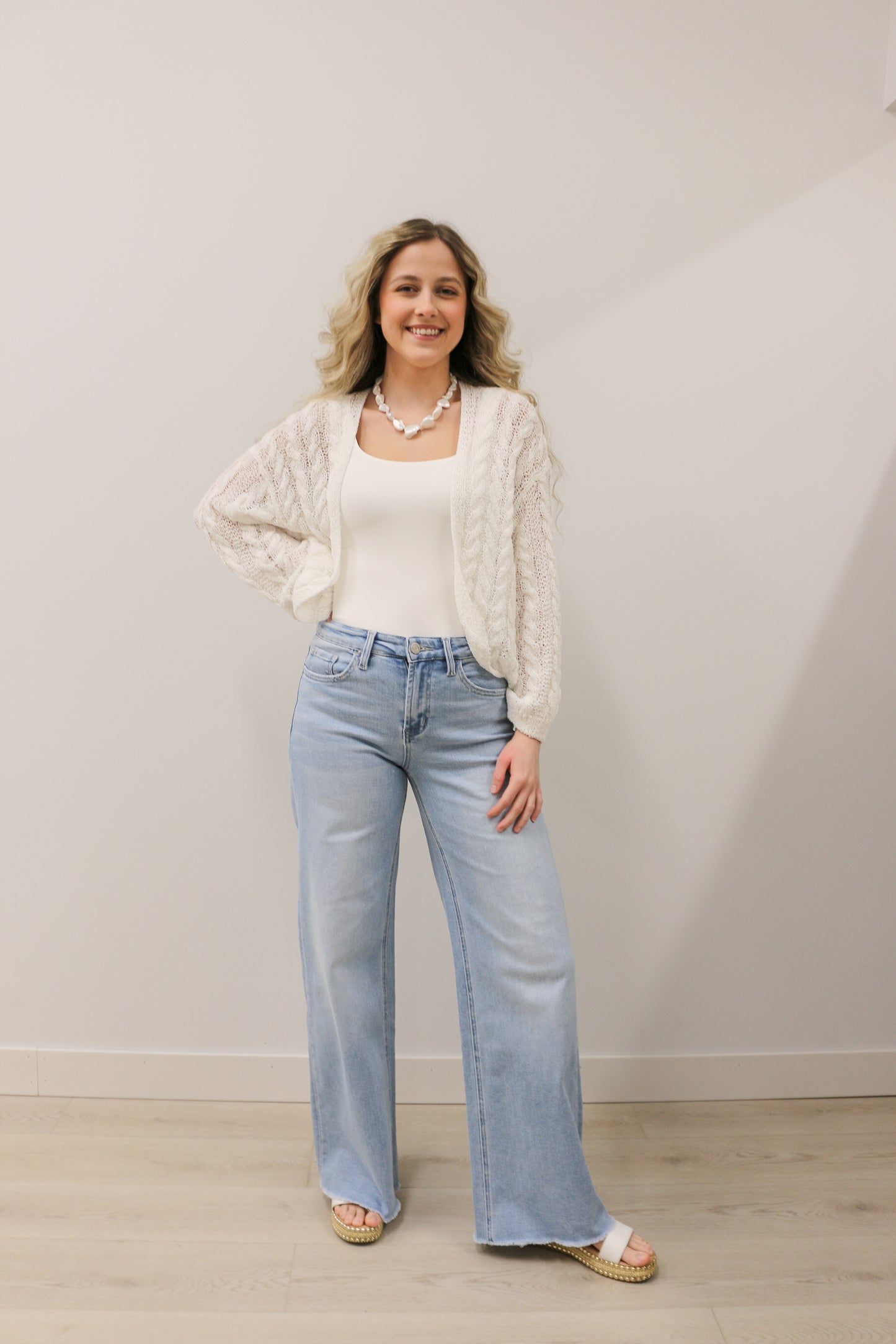 Judy High Rise Wide Leg Comfort Stretch Raw Hem Denim by Vervet - Light Wash