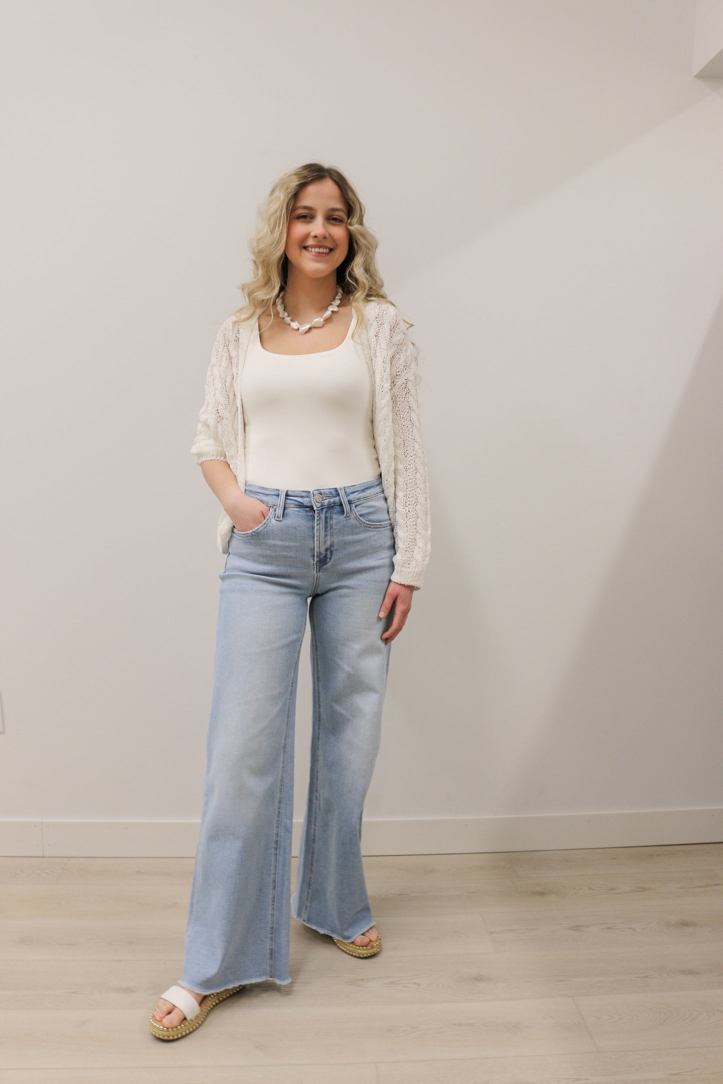 Judy High Rise Wide Leg Comfort Stretch Raw Hem Denim by Vervet - Light Wash