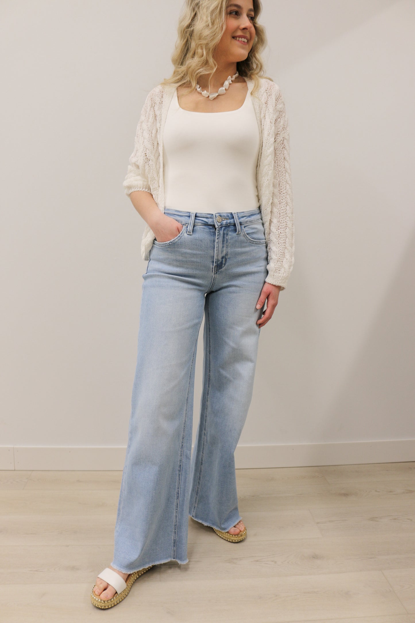 Judy High Rise Wide Leg Comfort Stretch Raw Hem Denim by Vervet - Light Wash