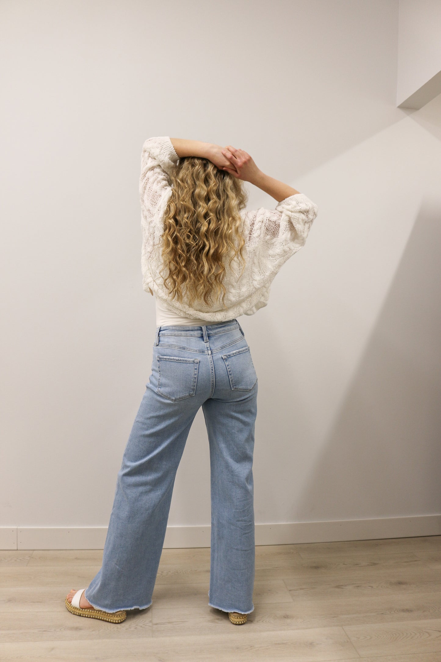 Judy High Rise Wide Leg Comfort Stretch Raw Hem Denim by Vervet - Light Wash