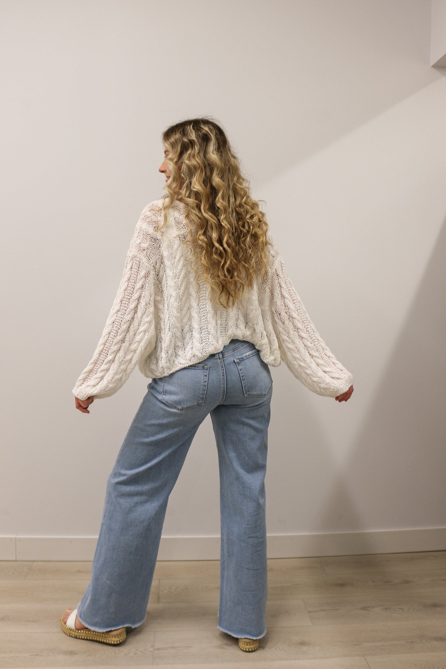 Judy High Rise Wide Leg Comfort Stretch Raw Hem Denim by Vervet - Light Wash