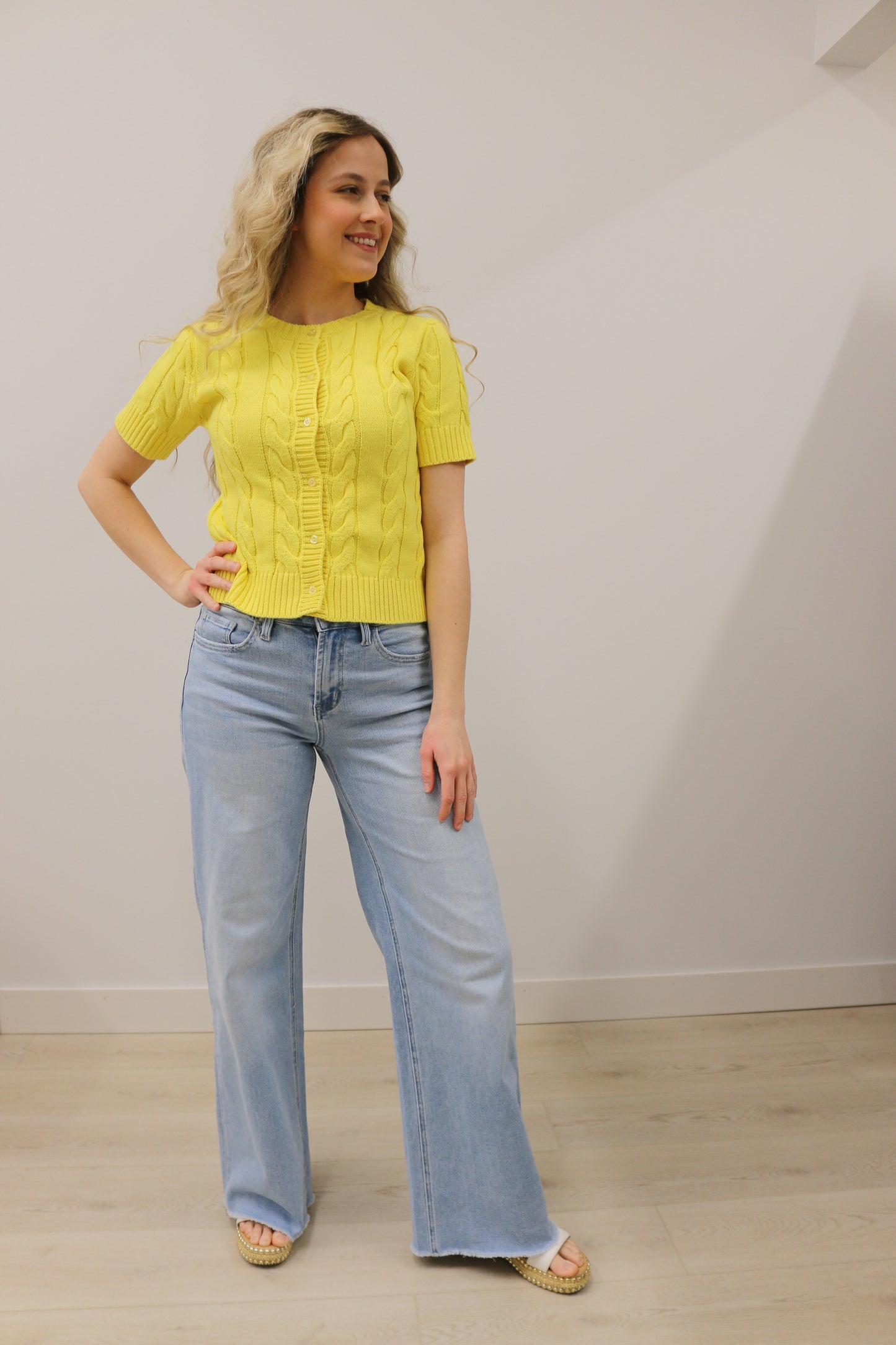 Cable Knit Short Sleeve Button Front Knit Cardigan - Lemon Yellow