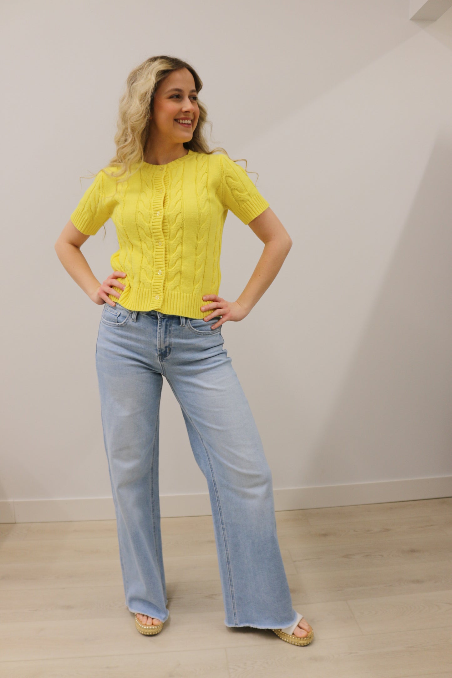 Cable Knit Short Sleeve Button Front Knit Cardigan - Lemon Yellow