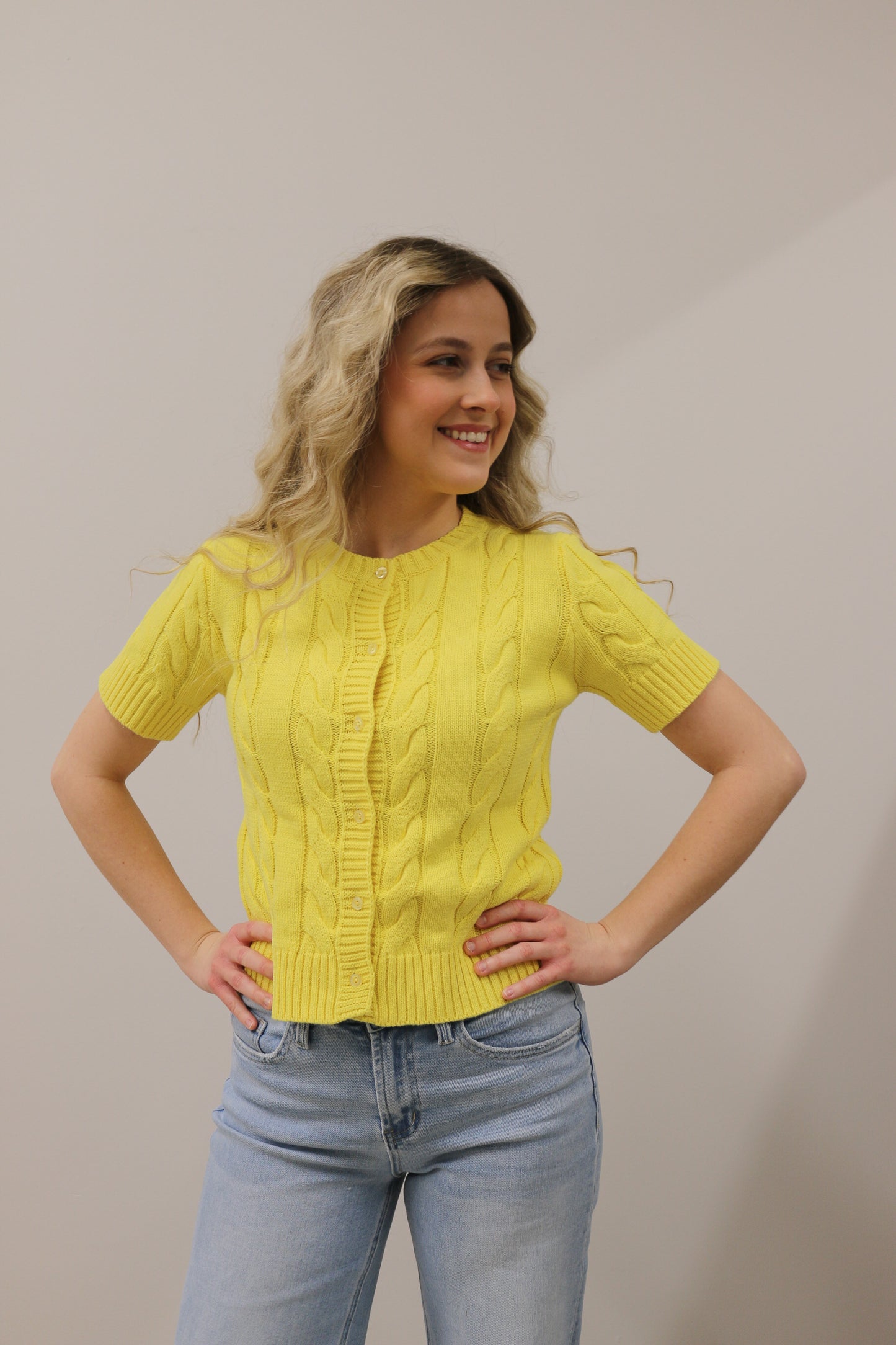 Cable Knit Short Sleeve Button Front Knit Cardigan - Lemon Yellow