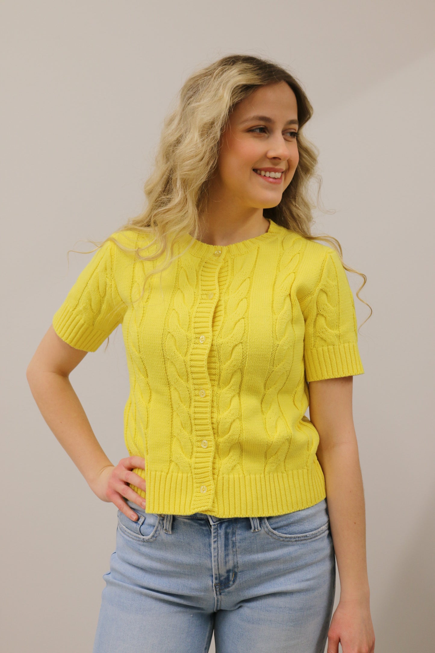 Cable Knit Short Sleeve Button Front Knit Cardigan - Lemon Yellow