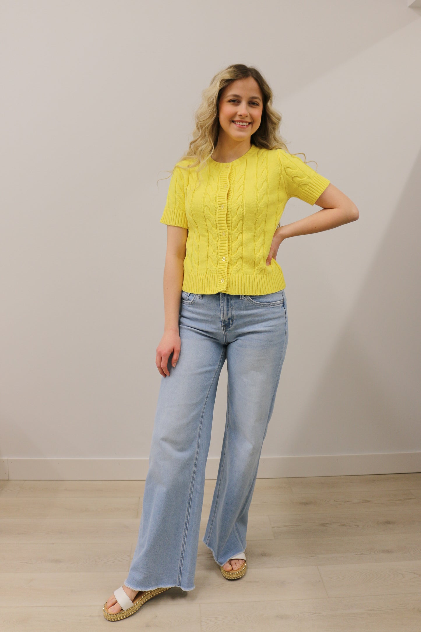 Cable Knit Short Sleeve Button Front Knit Cardigan - Lemon Yellow