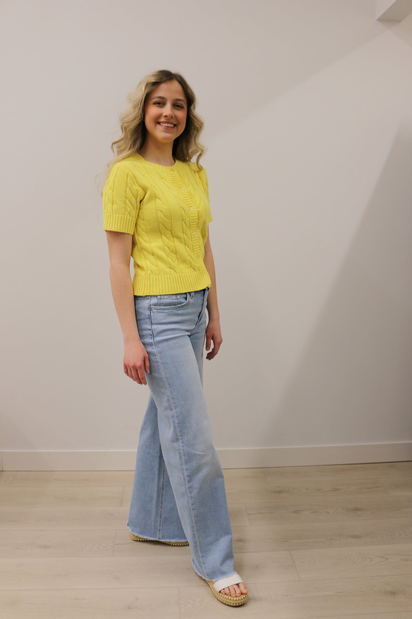 Cable Knit Short Sleeve Button Front Knit Cardigan - Lemon Yellow