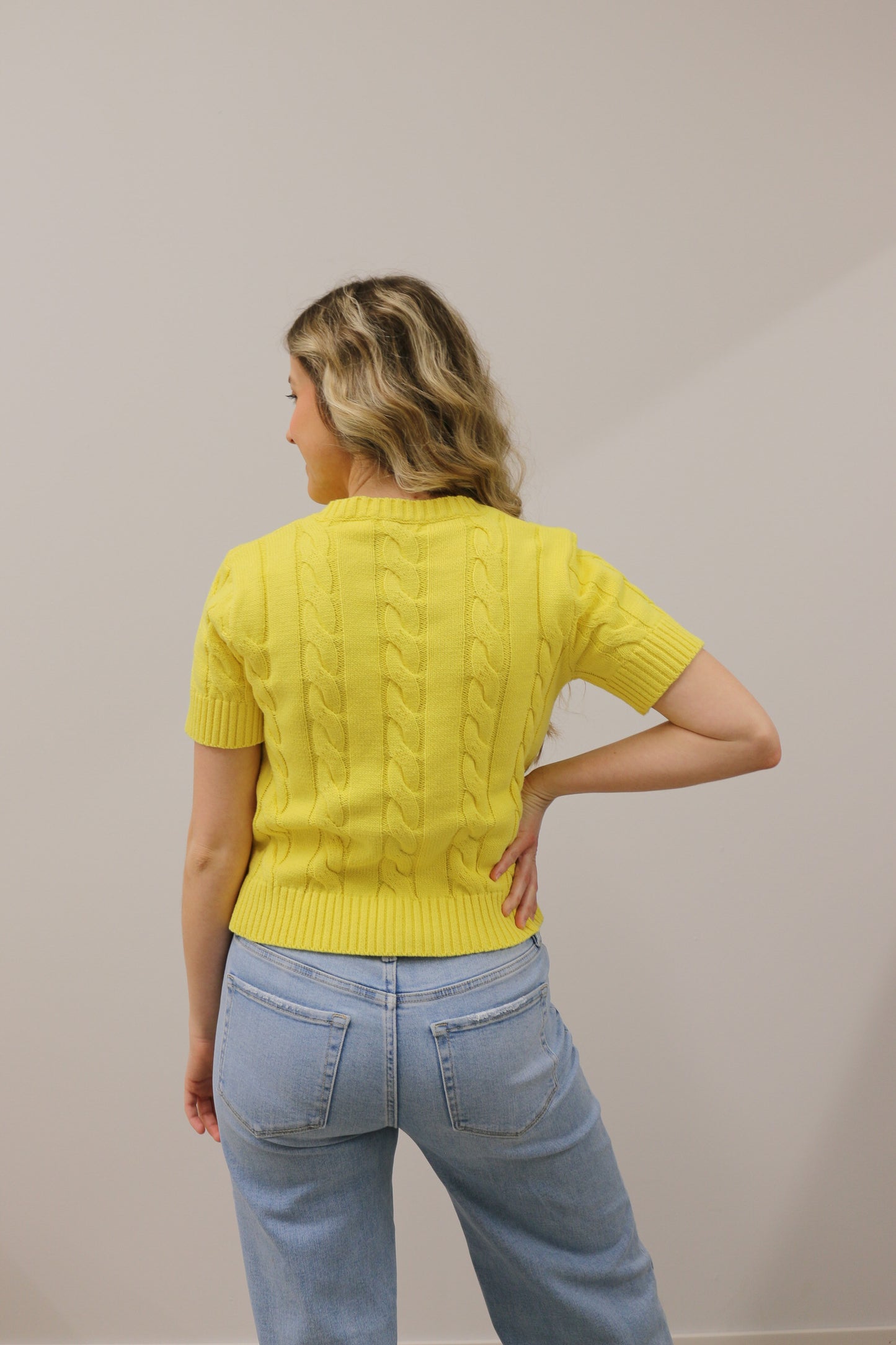 Cable Knit Short Sleeve Button Front Knit Cardigan - Lemon Yellow