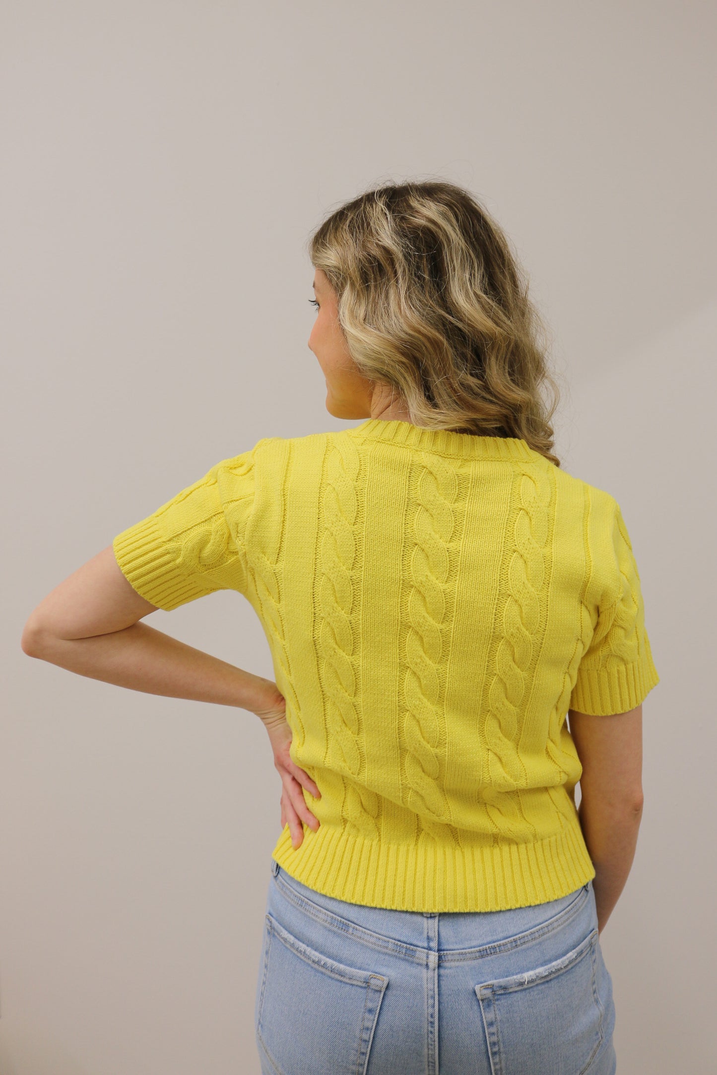 Cable Knit Short Sleeve Button Front Knit Cardigan - Lemon Yellow