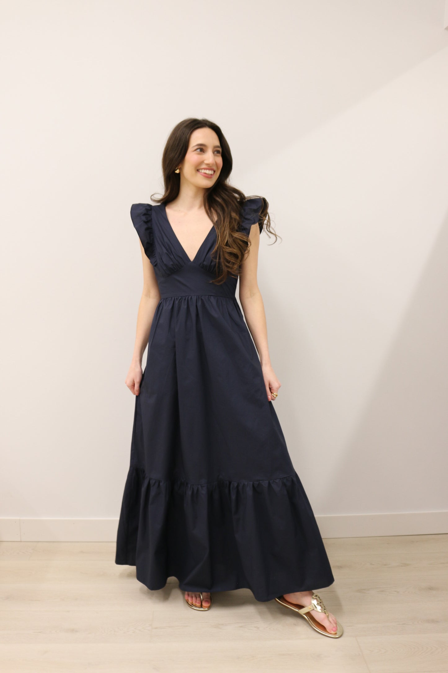 V-Neckline Curve Bow Tie Back Poplin Maxi Dress - Navy Blue