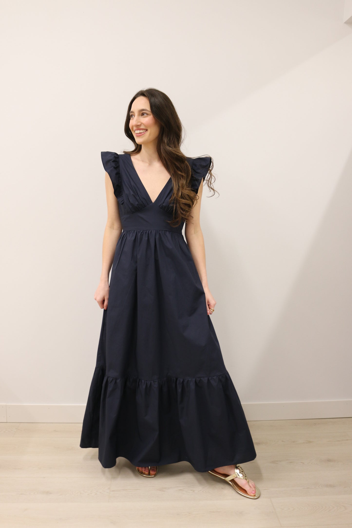 V-Neckline Curve Bow Tie Back Poplin Maxi Dress - Navy Blue