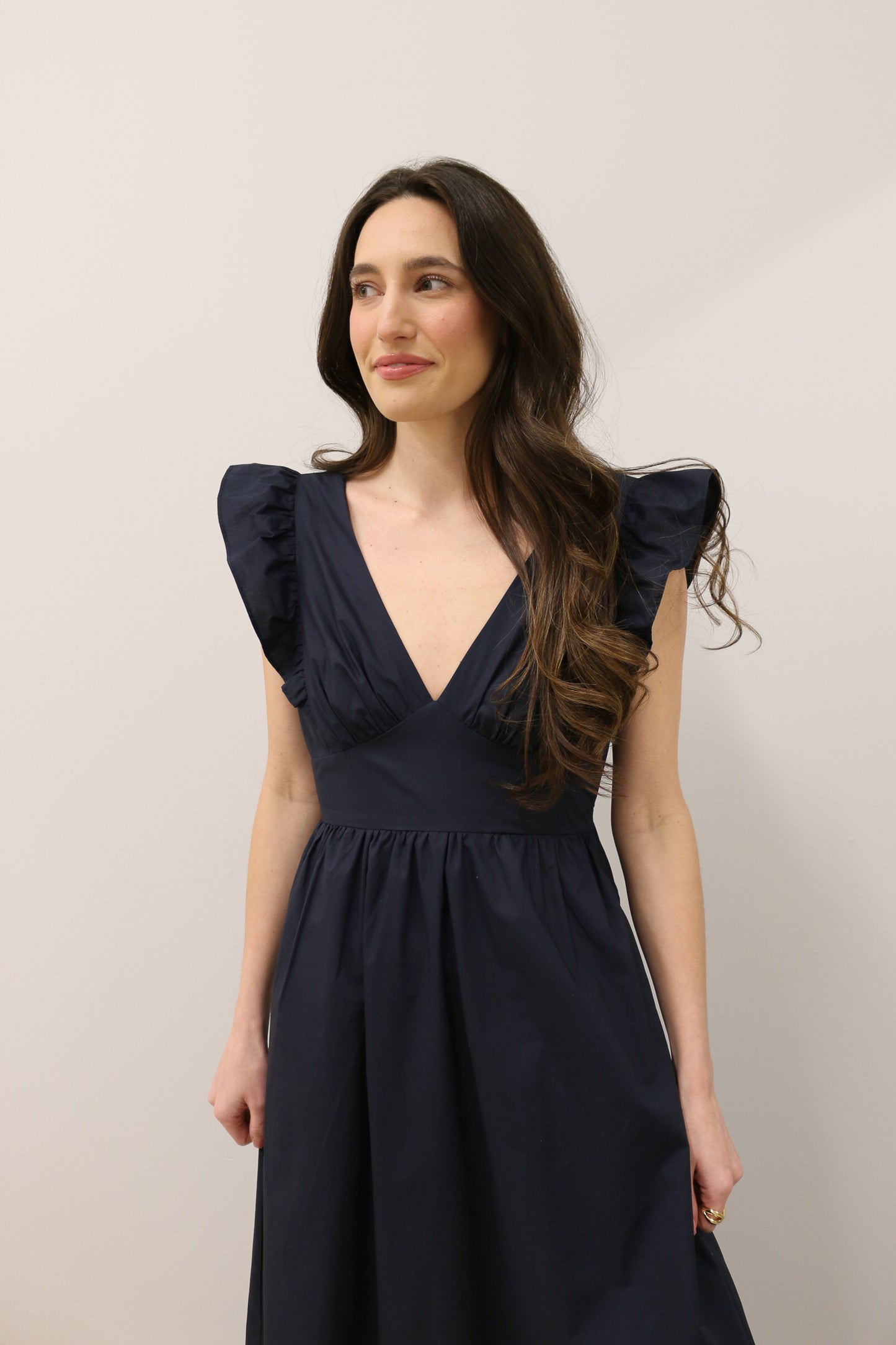 V-Neckline Bow Tie Back Poplin Maxi Dress - Navy Blue