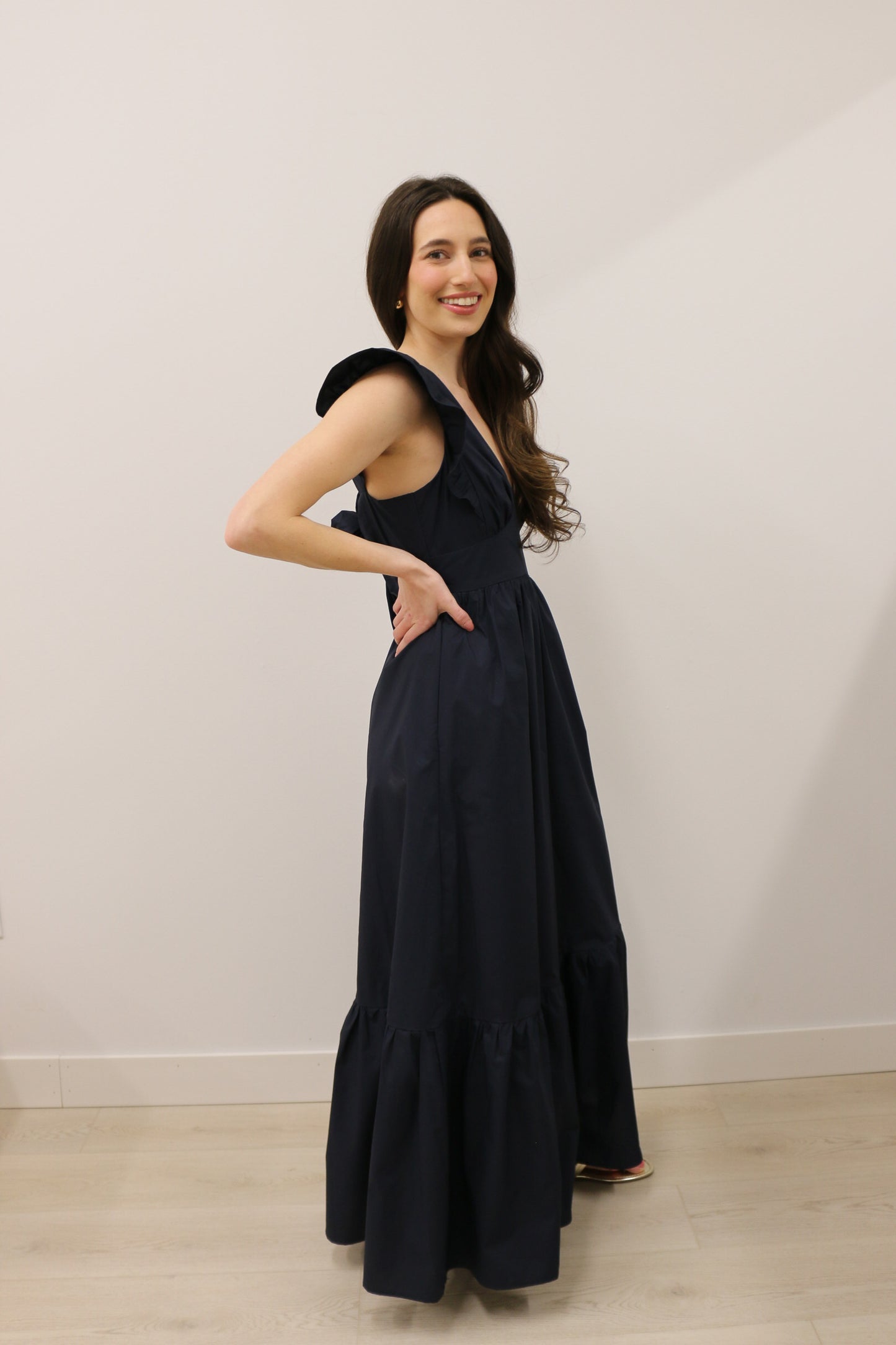 V-Neckline Curve Bow Tie Back Poplin Maxi Dress - Navy Blue