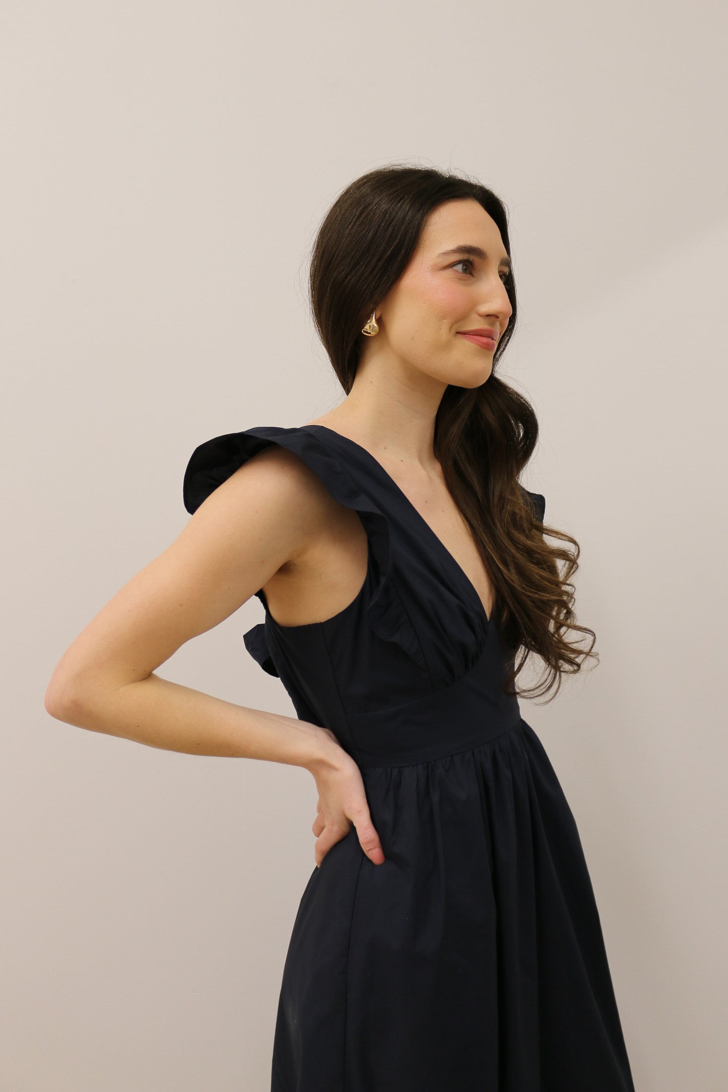 V-Neckline Bow Tie Back Poplin Maxi Dress - Navy Blue