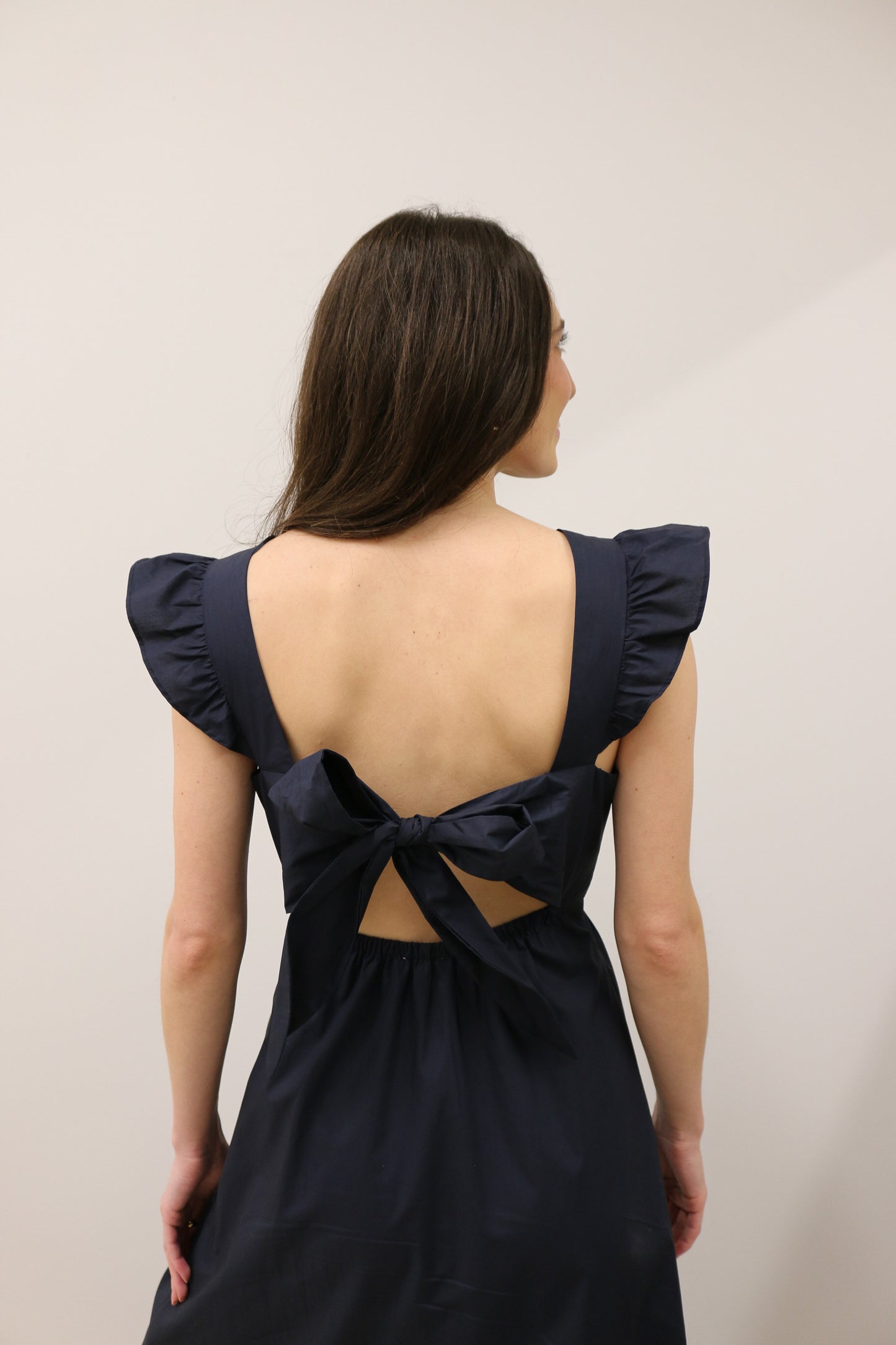 V-Neckline Bow Tie Back Poplin Maxi Dress - Navy Blue