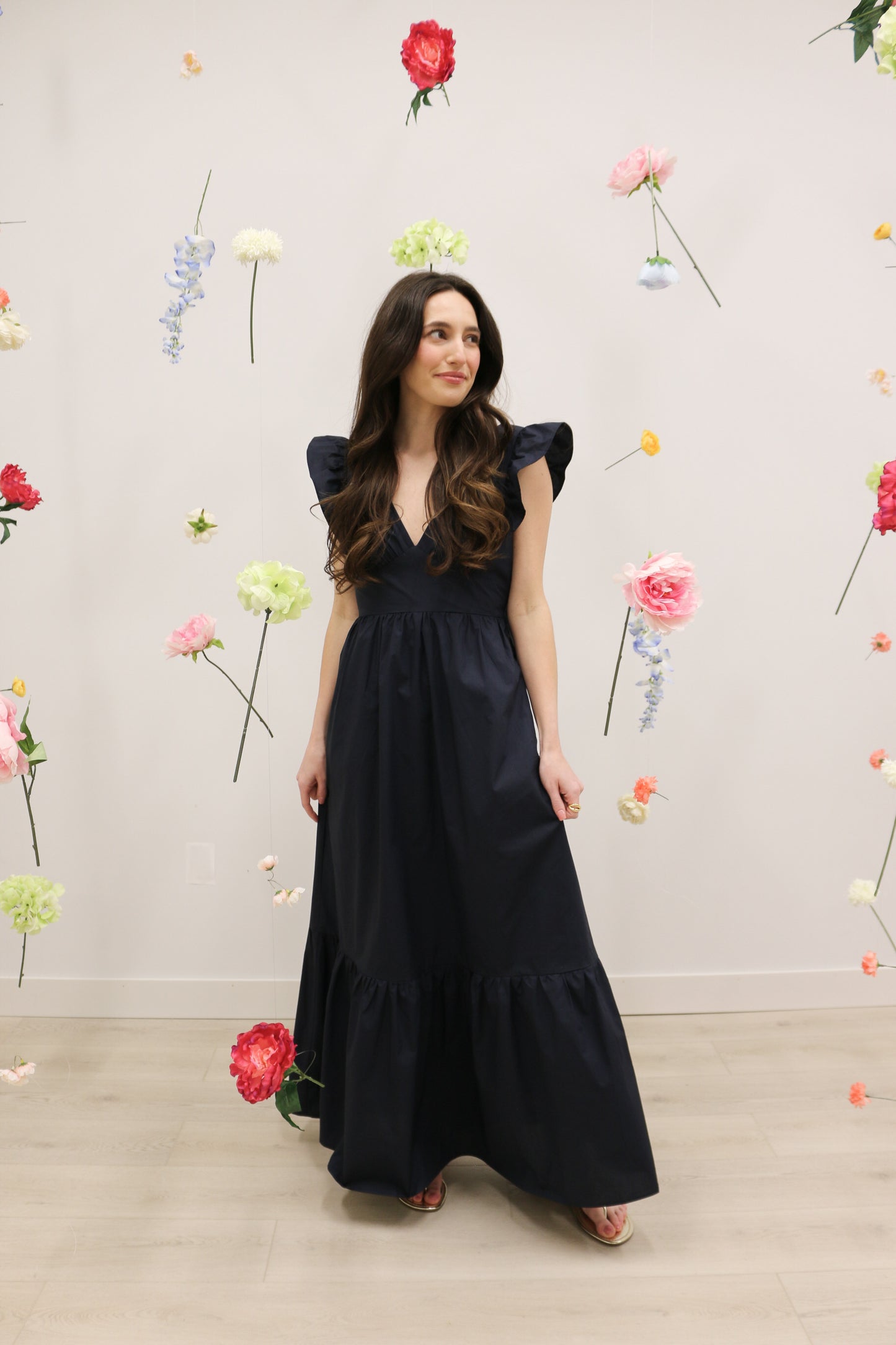 V-Neckline Bow Tie Back Poplin Maxi Dress - Navy Blue