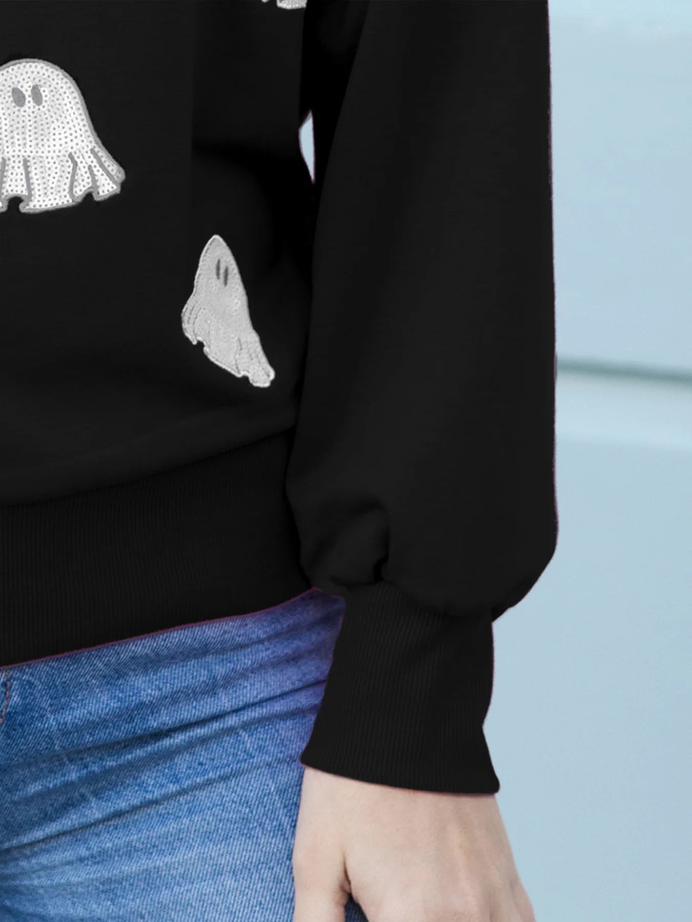 Shelby Sequin Ghosts Embellished Sweatshirt by Mary Square - Black