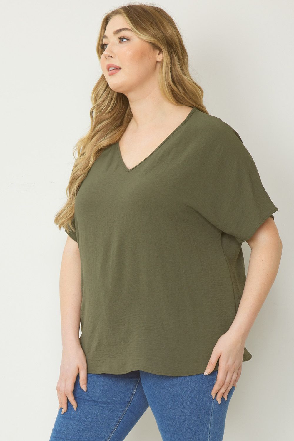Thea Curve Essential V-Neck Short Sleeve Woven Blouse - Olive Green