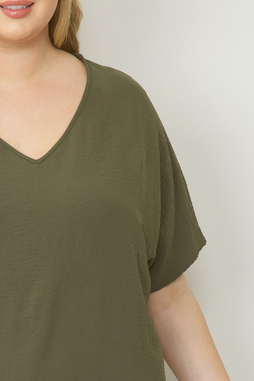 Thea Curve Essential V-Neck Short Sleeve Woven Blouse - Olive Green