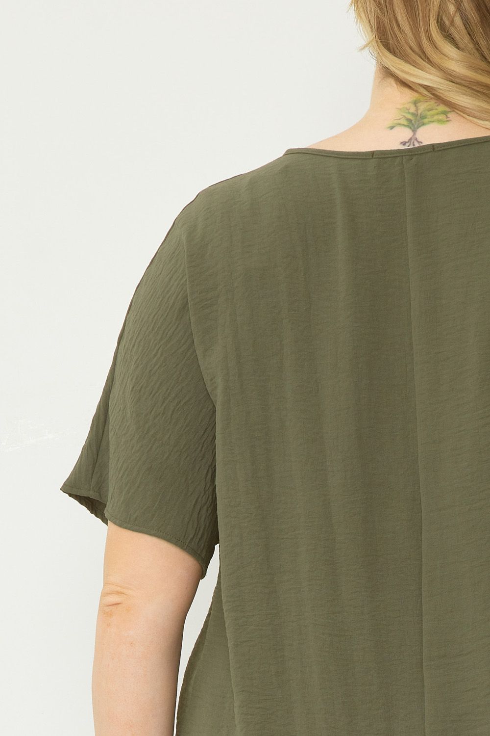 Thea Curve Essential V-Neck Short Sleeve Woven Blouse - Olive Green