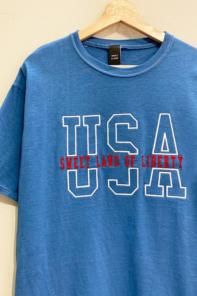 USA Sweet Land of Liberty Embroidered Oversized Short Sleeve Tee - Denim Blue
