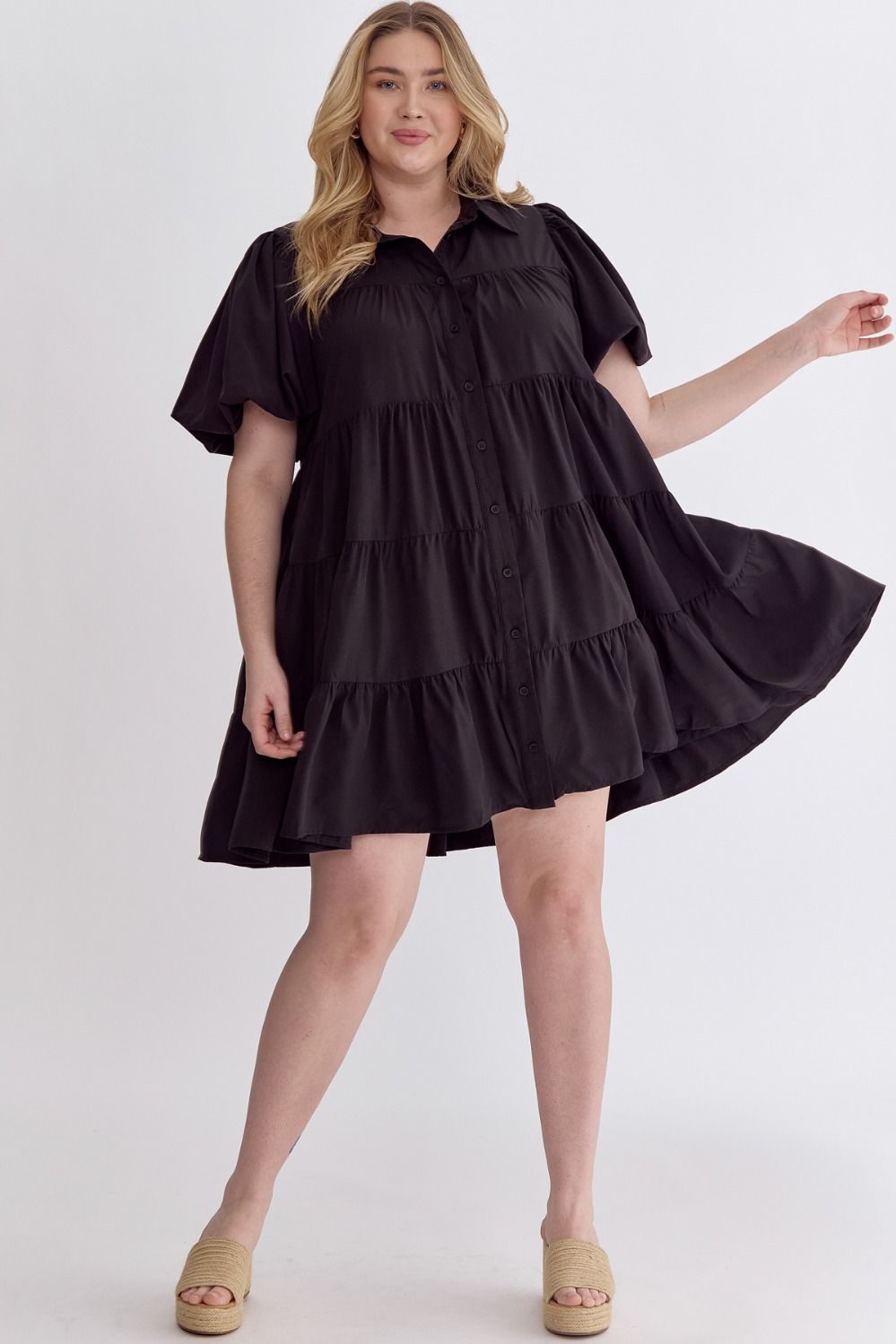 Abby Curve Short Puff Sleeve Tiered Ruffle Mini Dress - Black