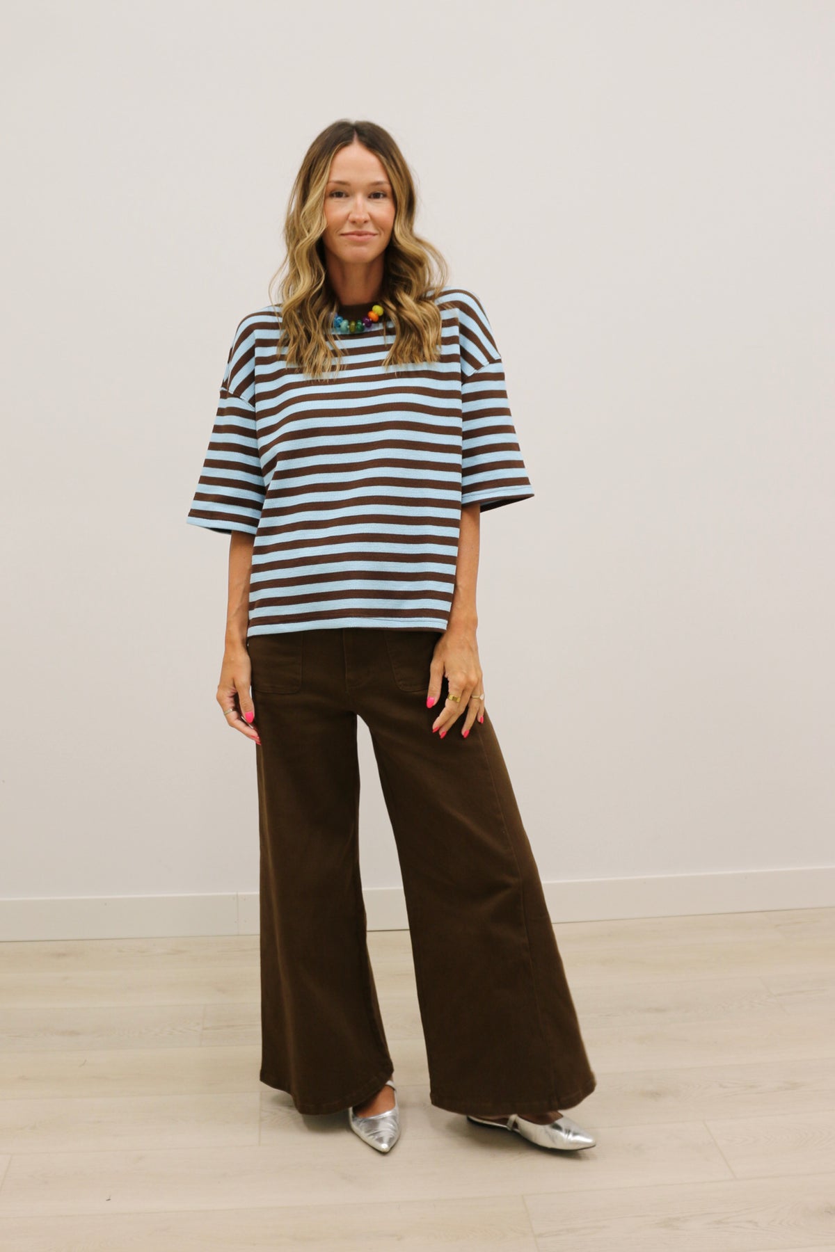 Ace Oversized Stripe Ribbed Knit Top - Brown Aqua