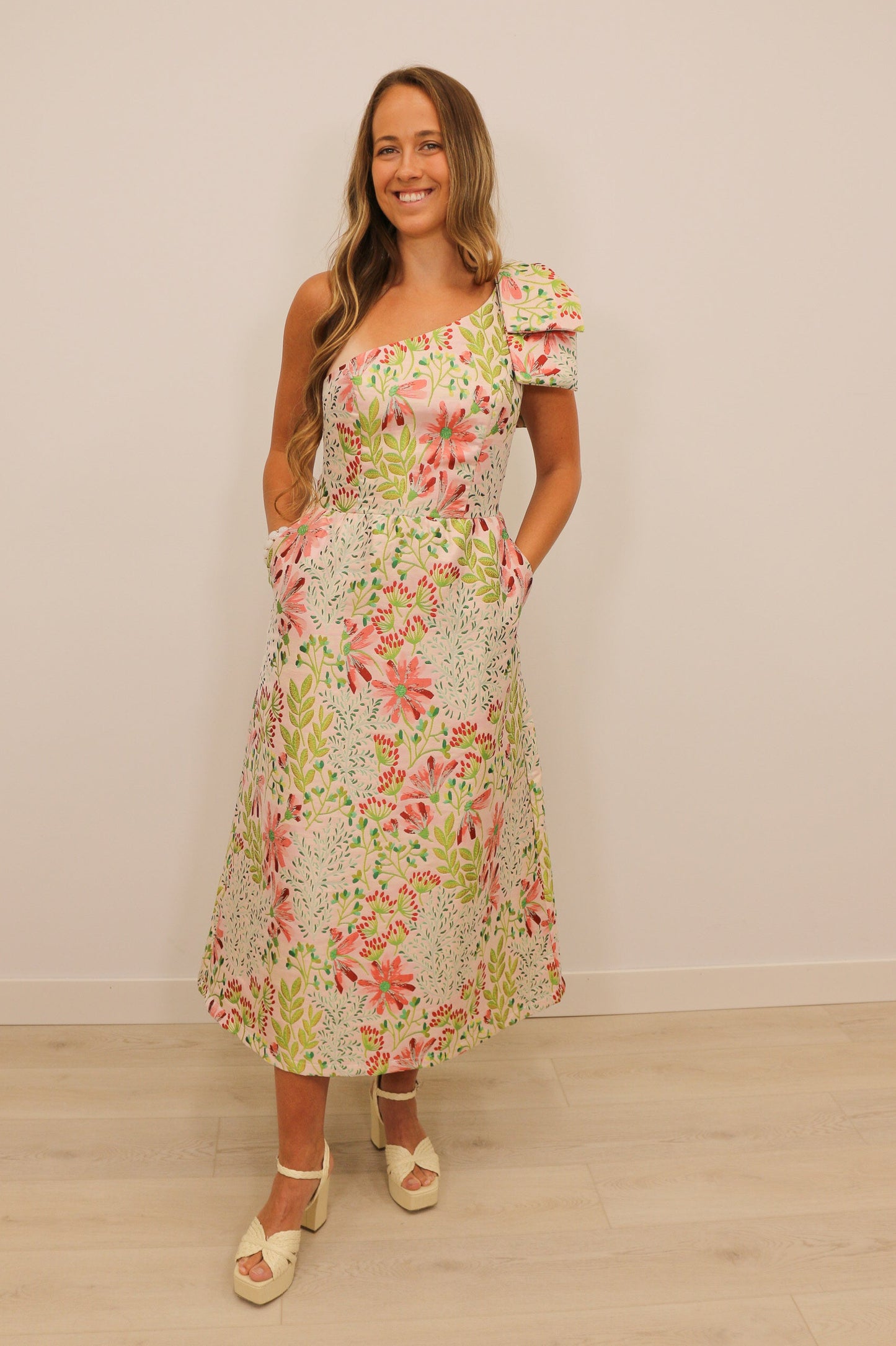 Almeda Floral Print One Shoulder Bow Jacquard Midi Dress - Pink Multi