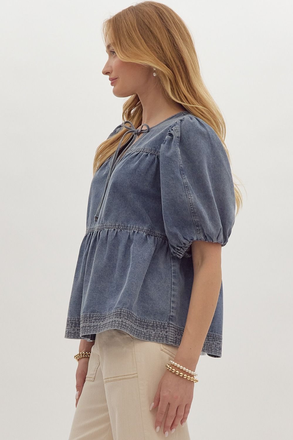 Anna Tie Front Denim V-Neck Bubble Sleeve Tiered Top - Denim