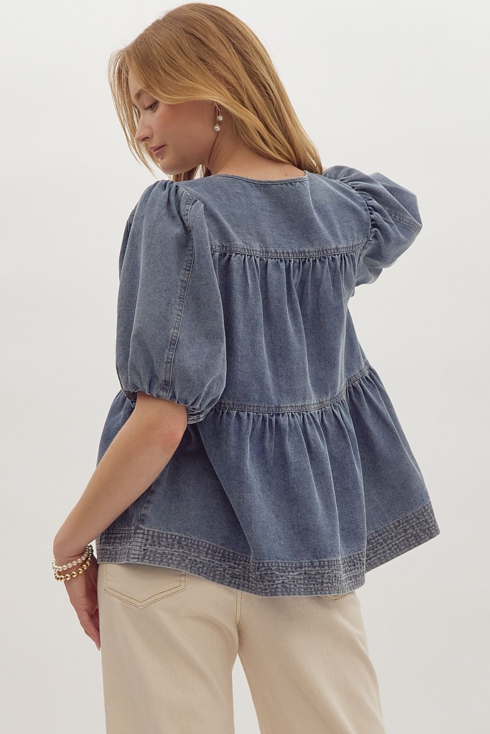 Anna Tie Front Denim V-Neck Bubble Sleeve Tiered Top - Denim