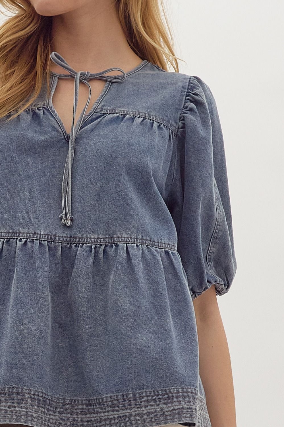 Anna Tie Front Denim V-Neck Bubble Sleeve Tiered Top - Denim