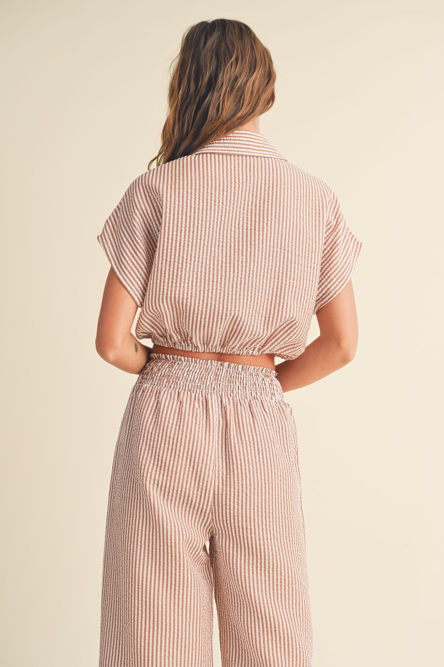 Arizona Button Up Tie Front Short Sleeve Cropped Shirt - Toffee